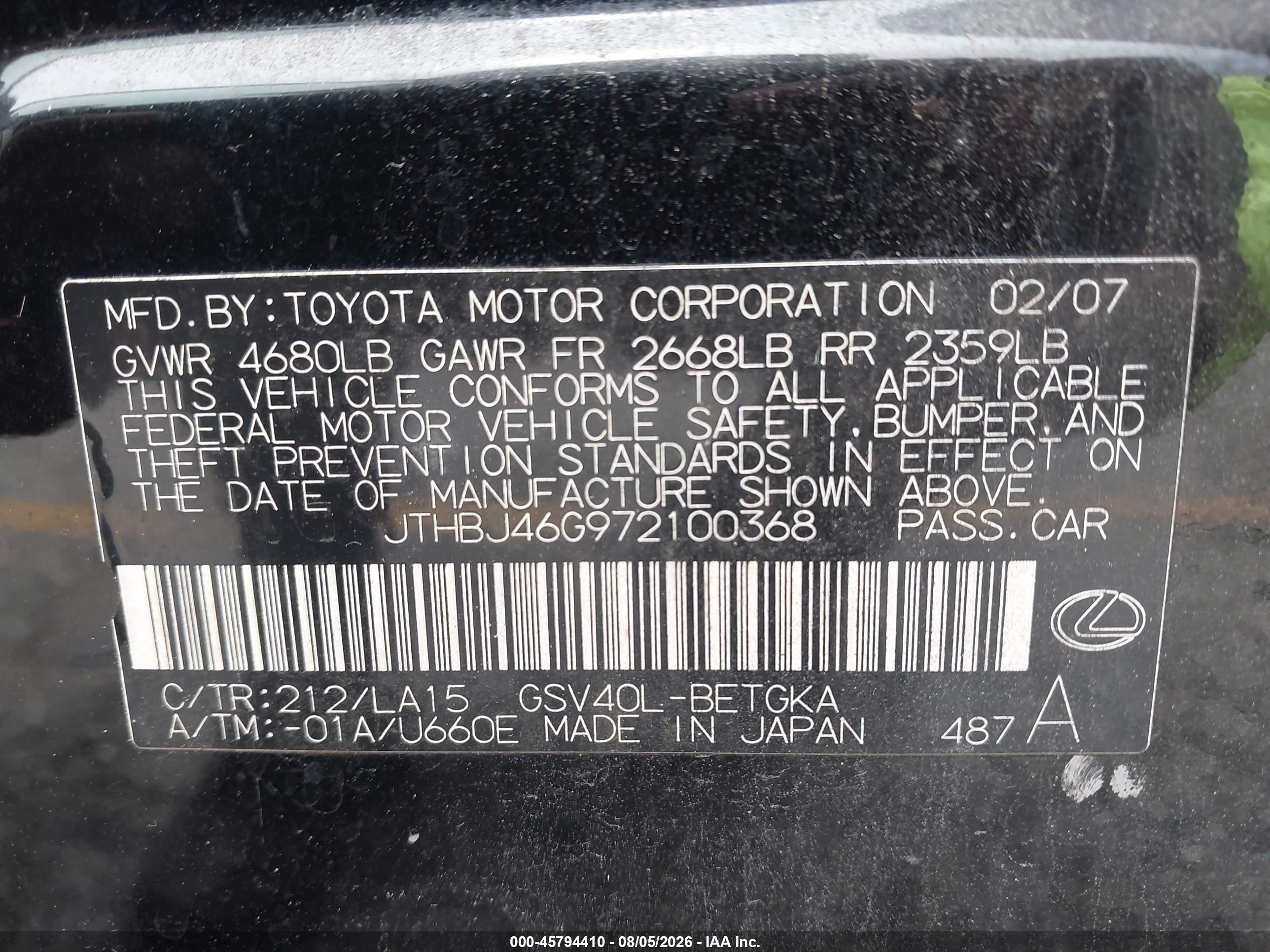 2007 Lexus Es 350   Черный vin: JTHBJ46G972100368