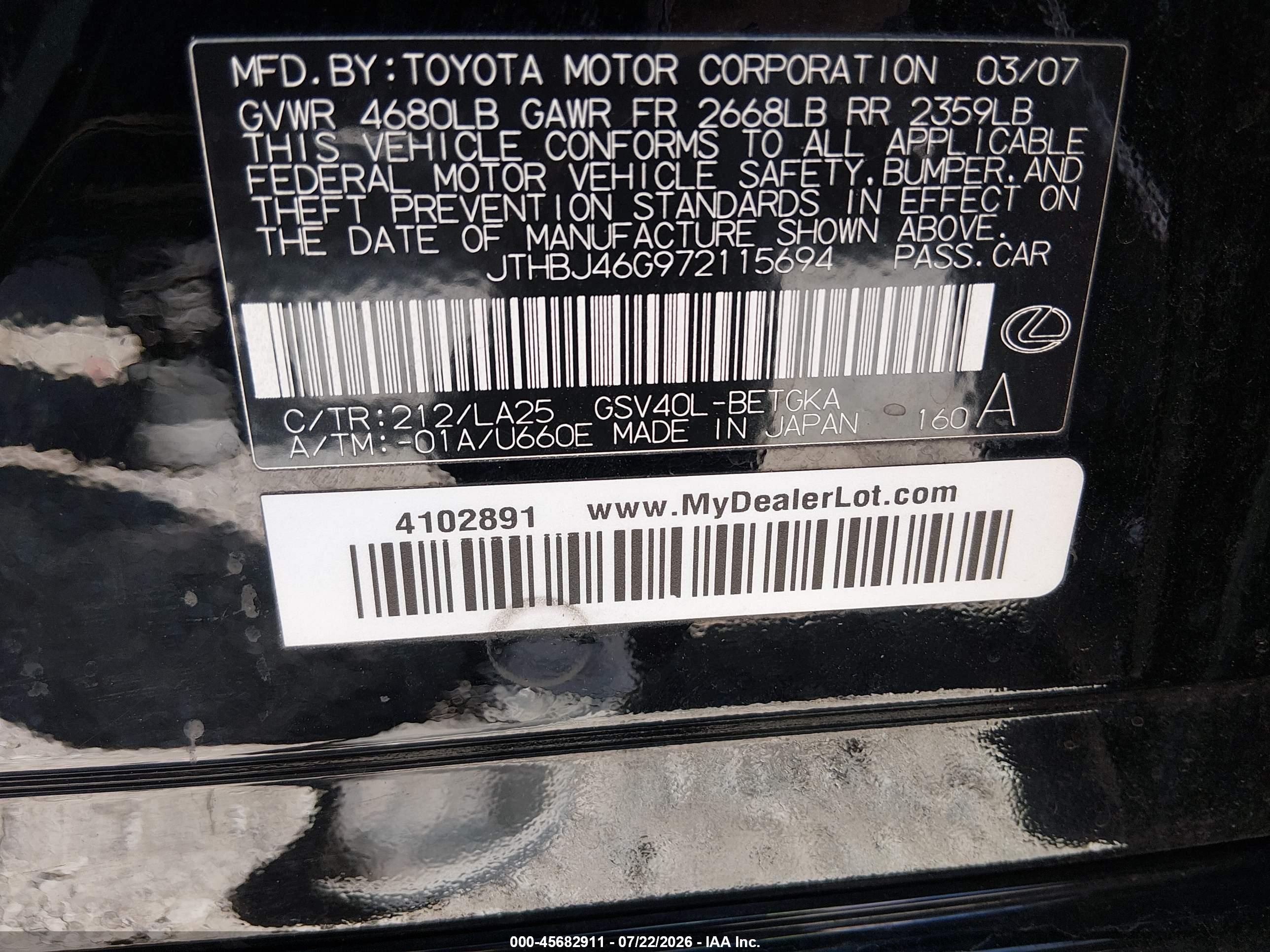 2007 Lexus Es 350   Black vin: JTHBJ46G972115694