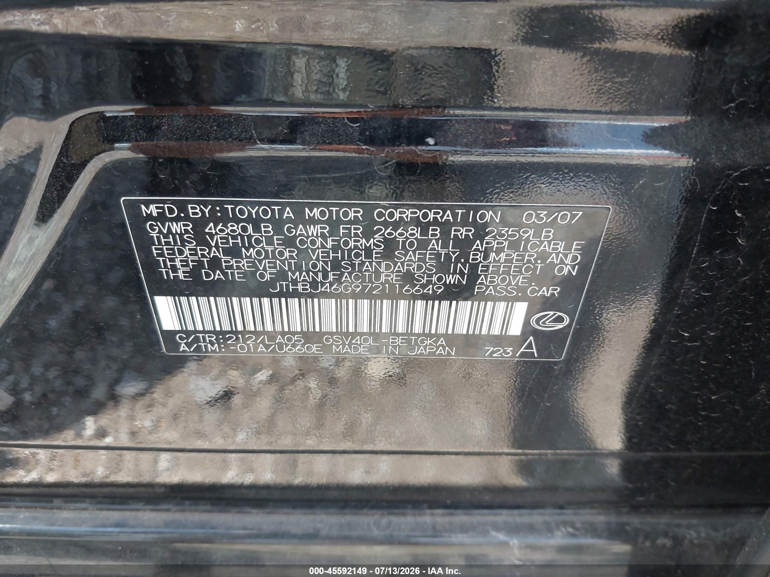 2007 Lexus Es 350   Black vin: JTHBJ46G972116649
