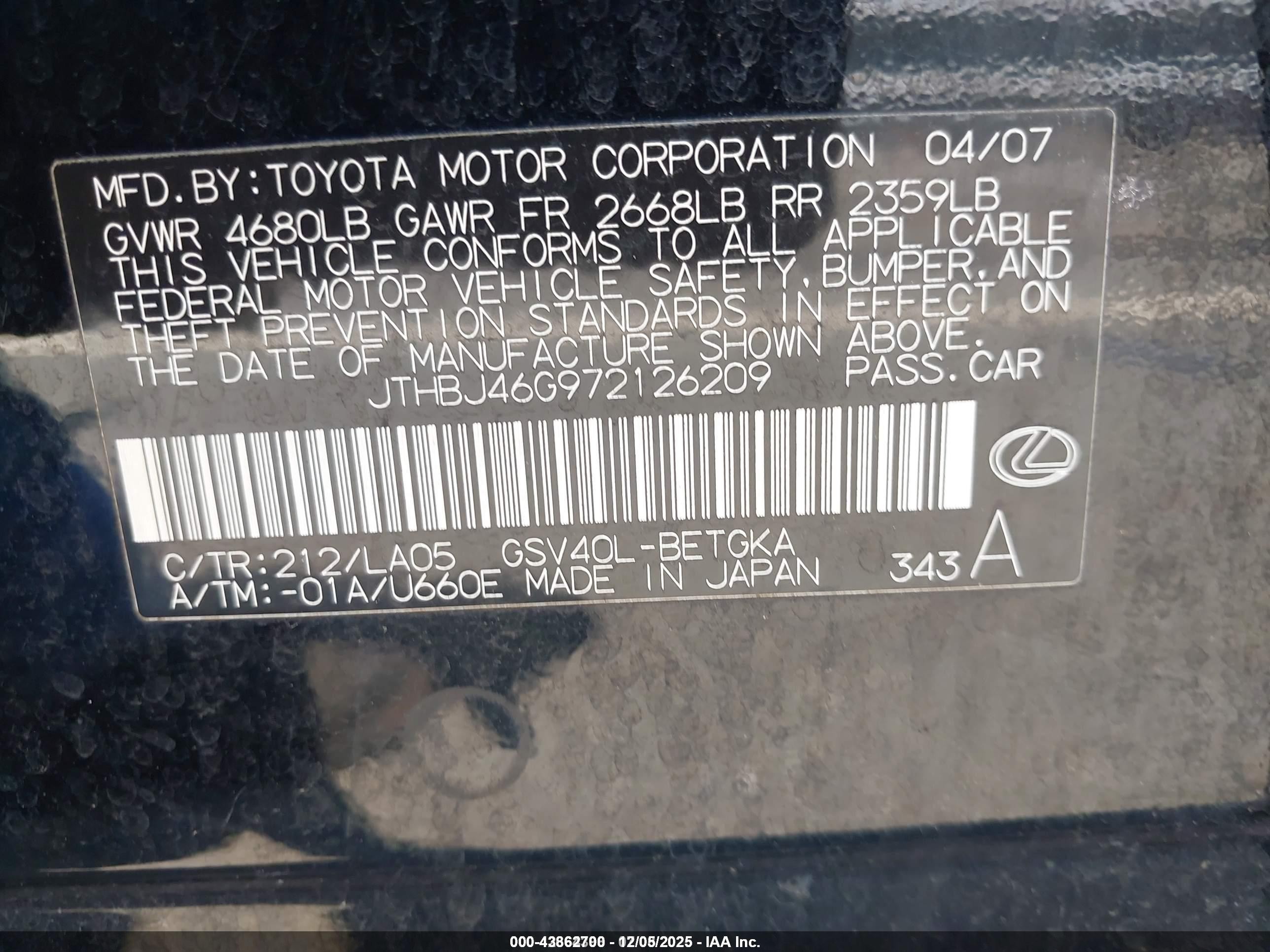 2007 Lexus Es 350   Black vin: JTHBJ46G972126209