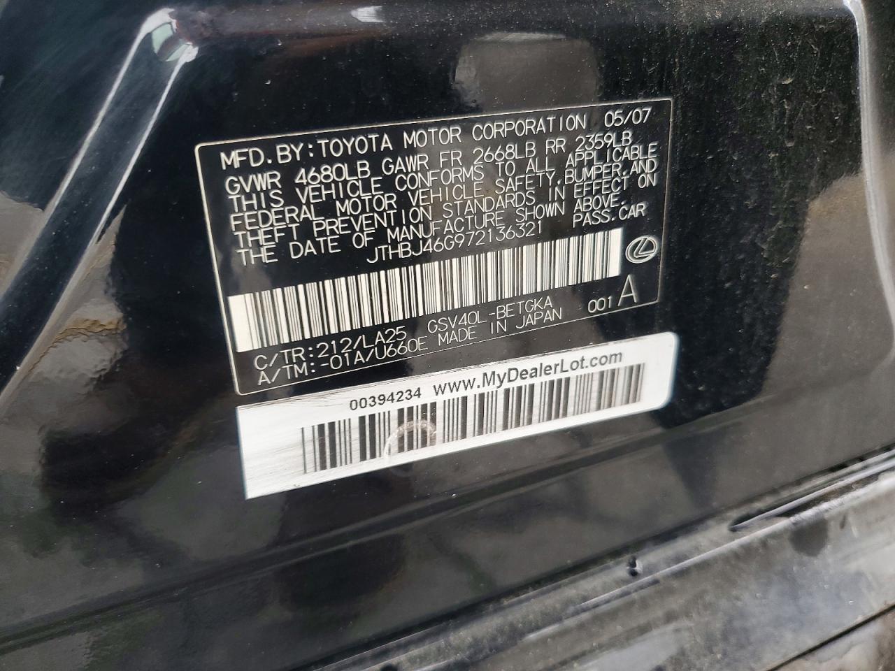 2007 Lexus Es 350 Black vin: JTHBJ46G972136321