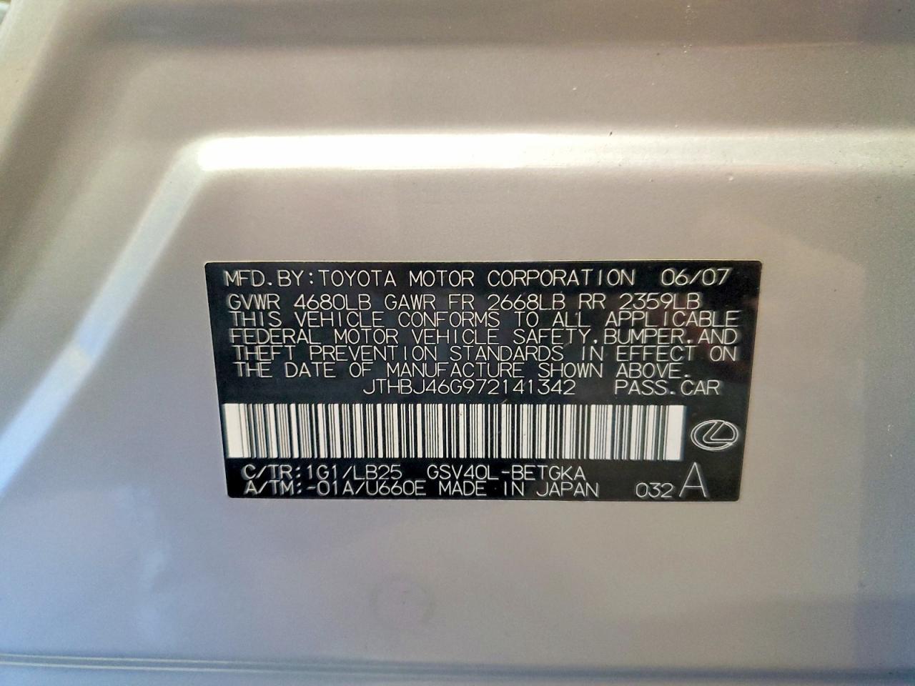 2007 Lexus Es 350 Silver vin: JTHBJ46G972141342