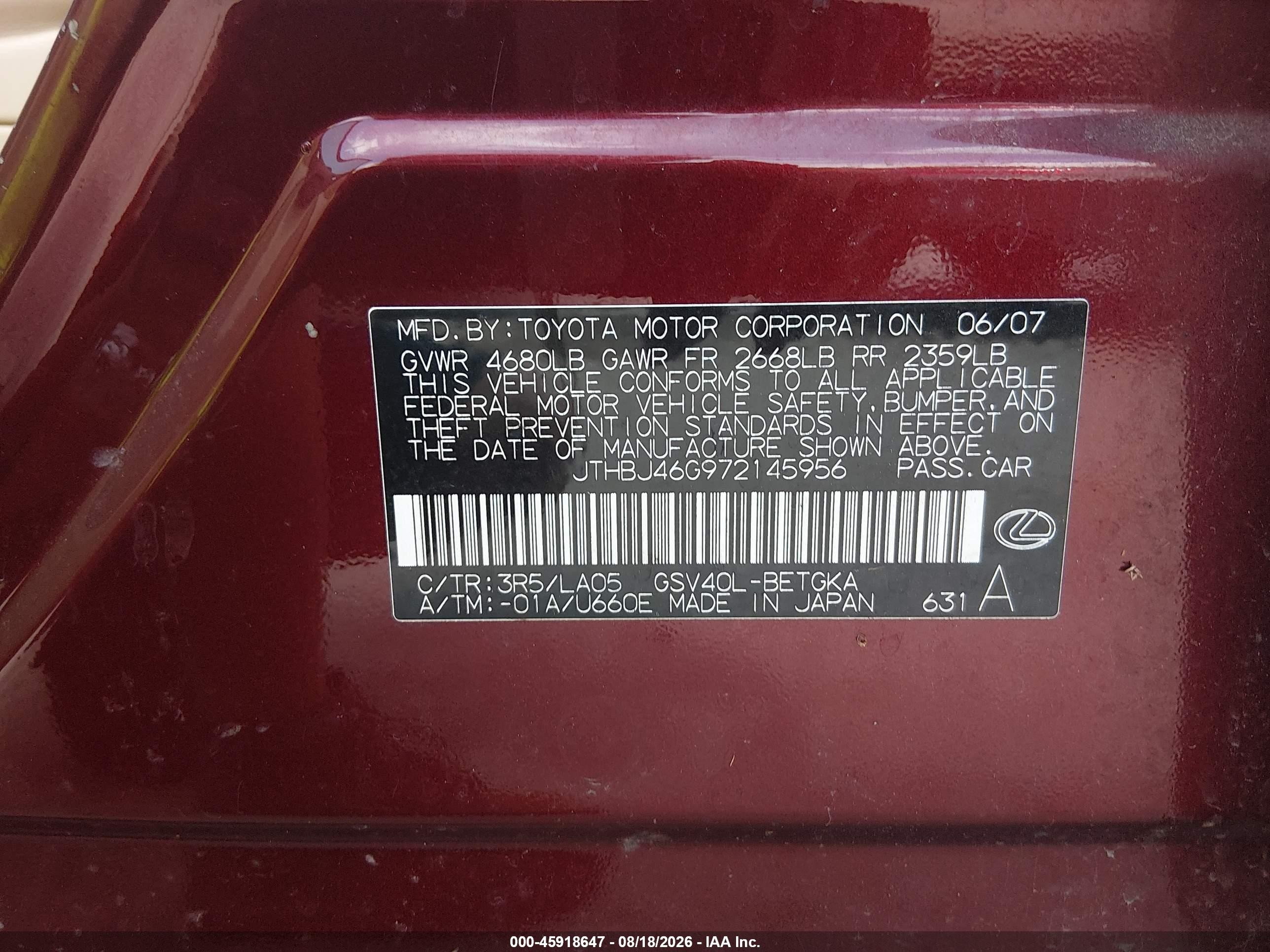 2007 Lexus Es 350 Burgundy vin: JTHBJ46G972145956