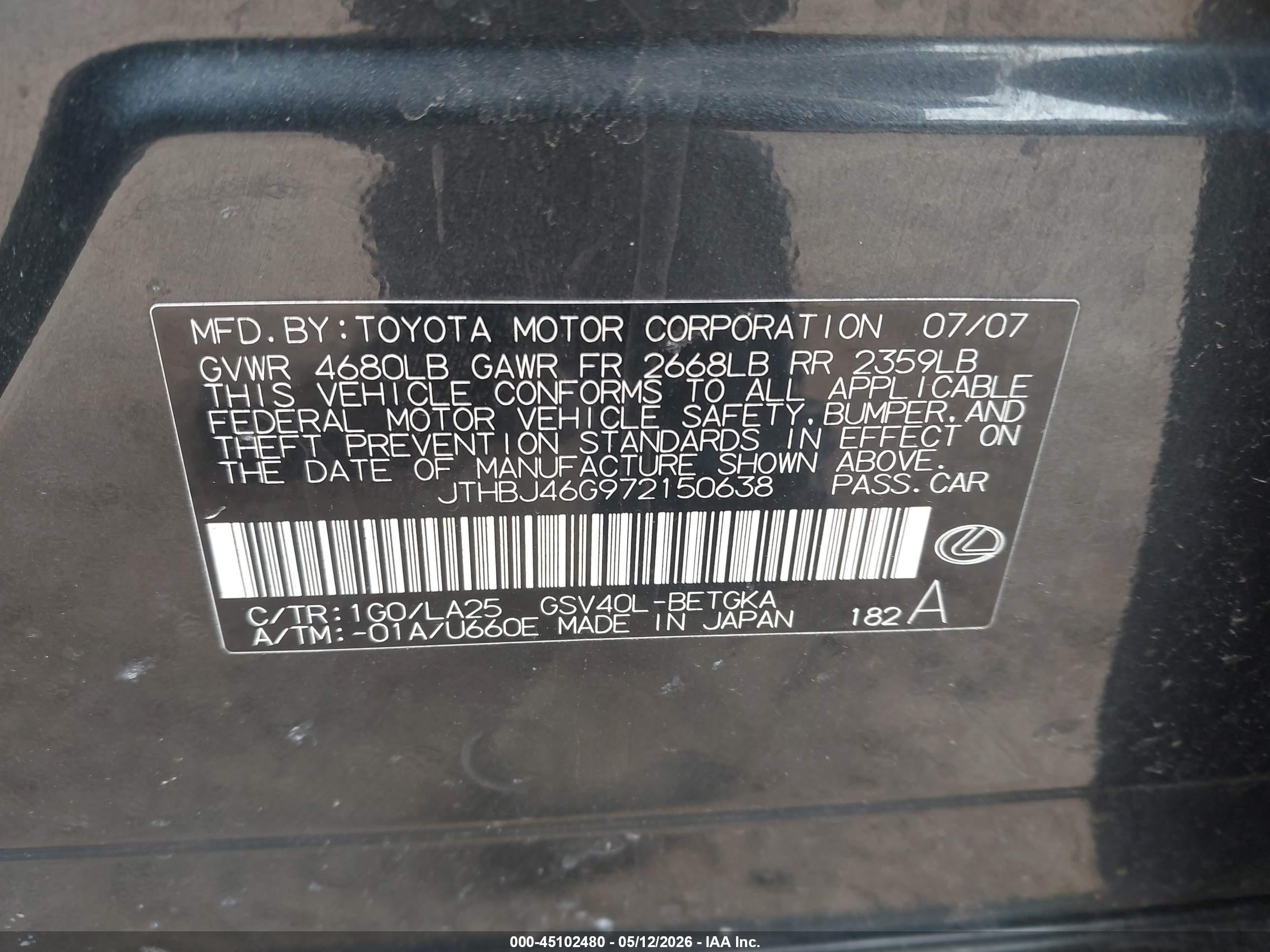 2007 Lexus Es 350 Gray vin: JTHBJ46G972150638