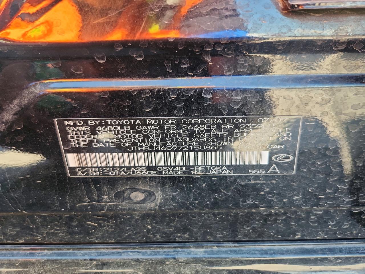 2007 Lexus Es 350 Черный vin: JTHBJ46G972150865