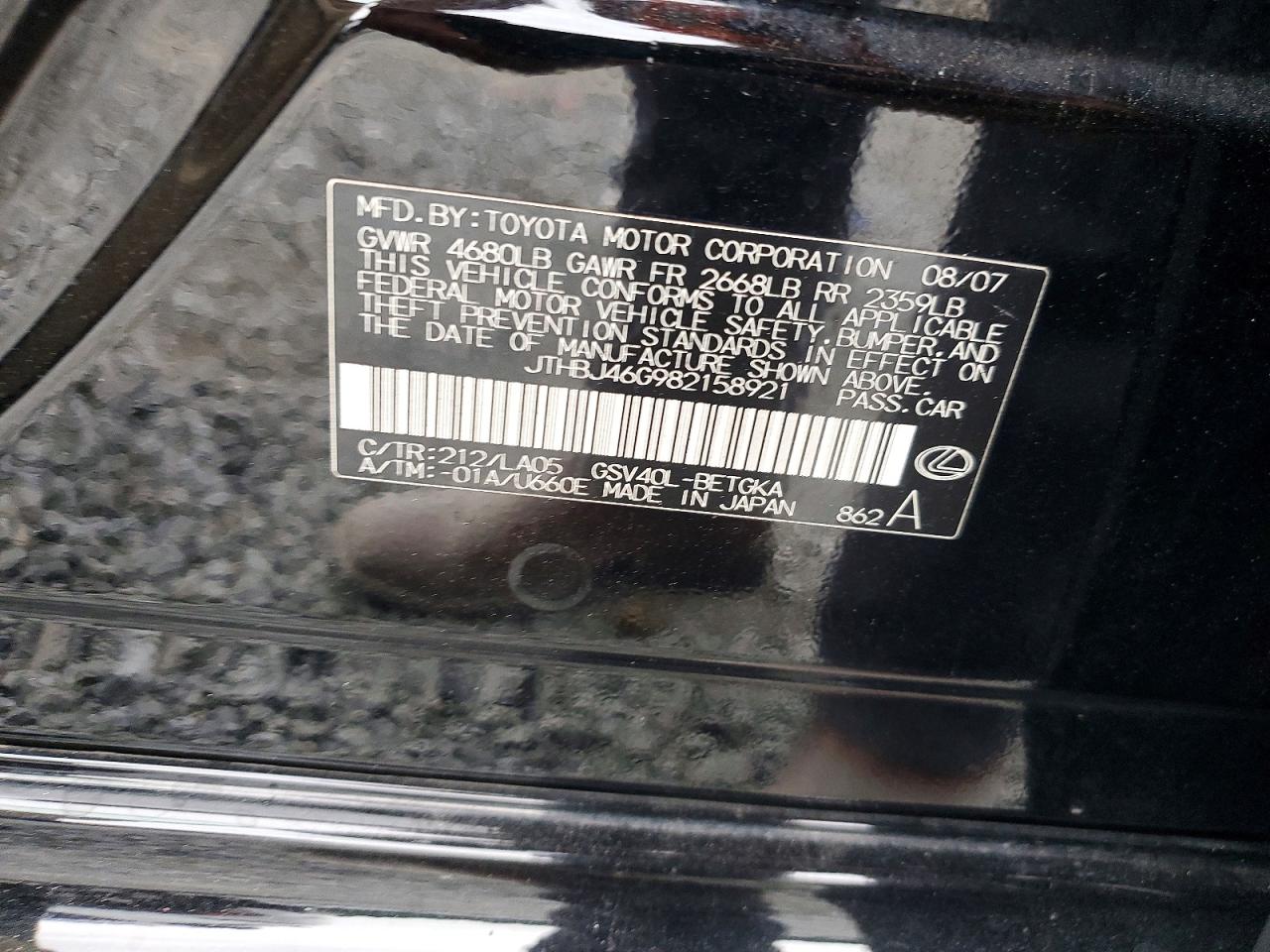 2008 Lexus Es 350 Черный vin: JTHBJ46G982158921