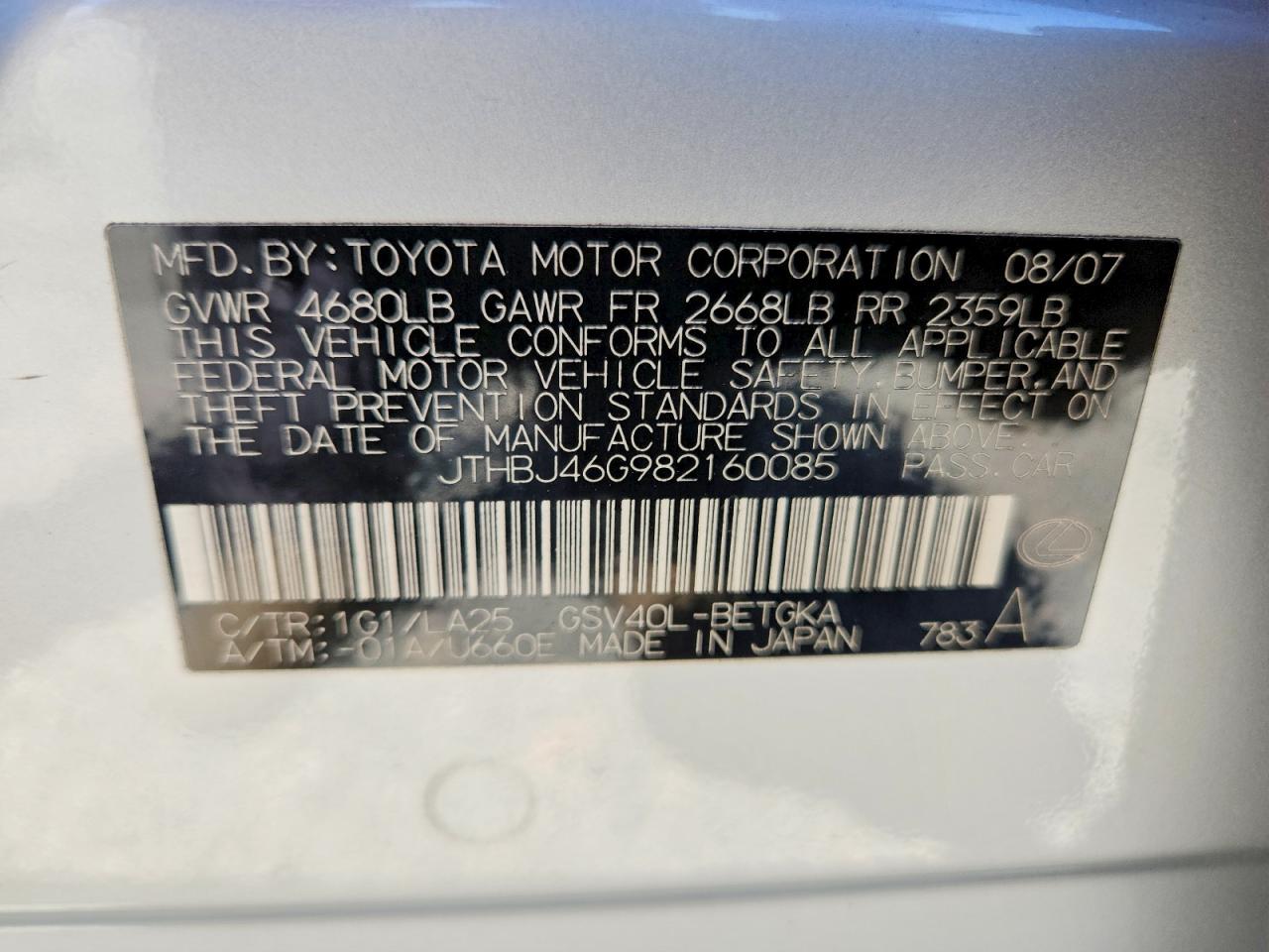 2008 Lexus Es 350 Silver vin: JTHBJ46G982160085