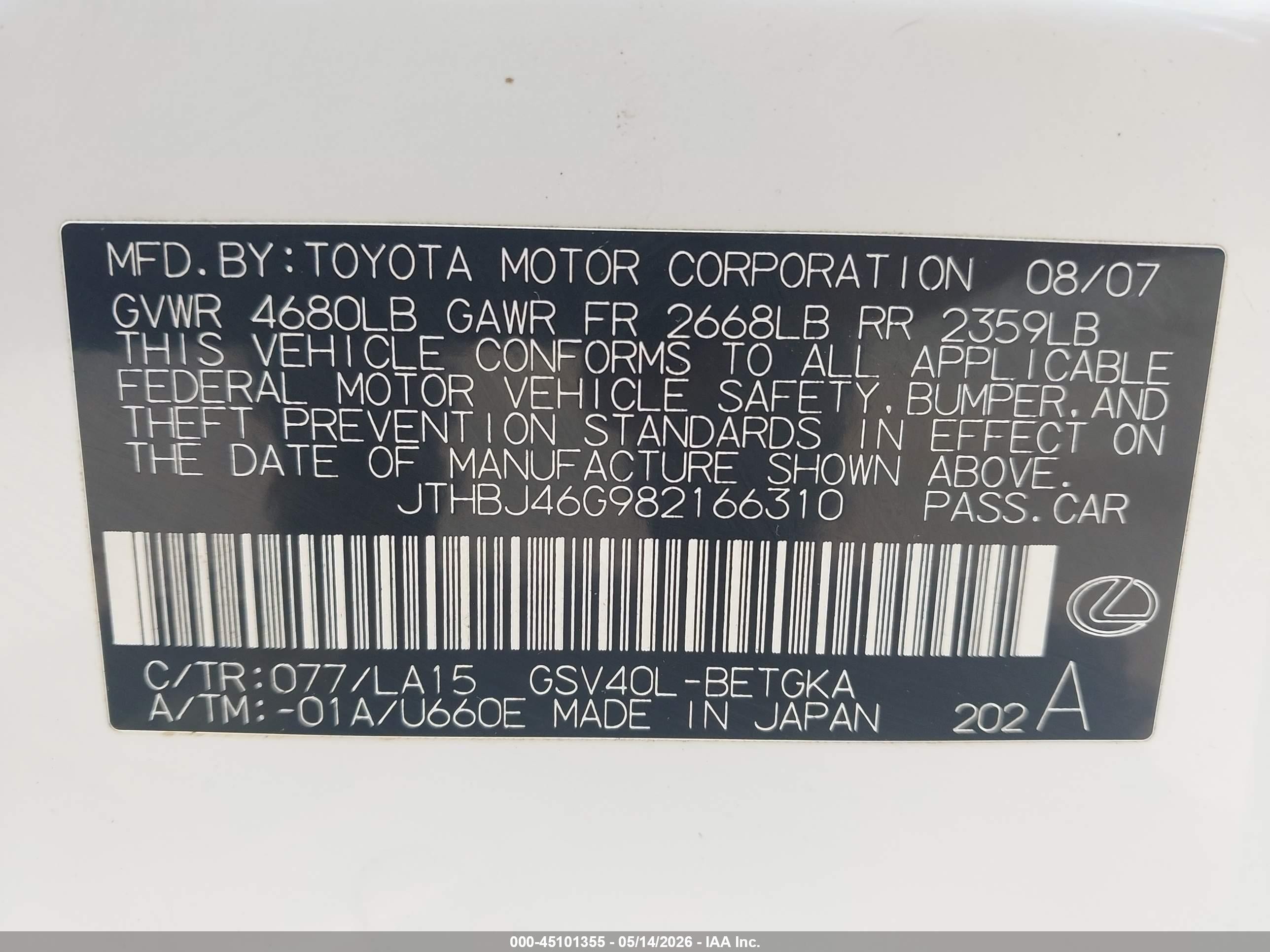 2008 Lexus Es 350   White vin: JTHBJ46G982166310