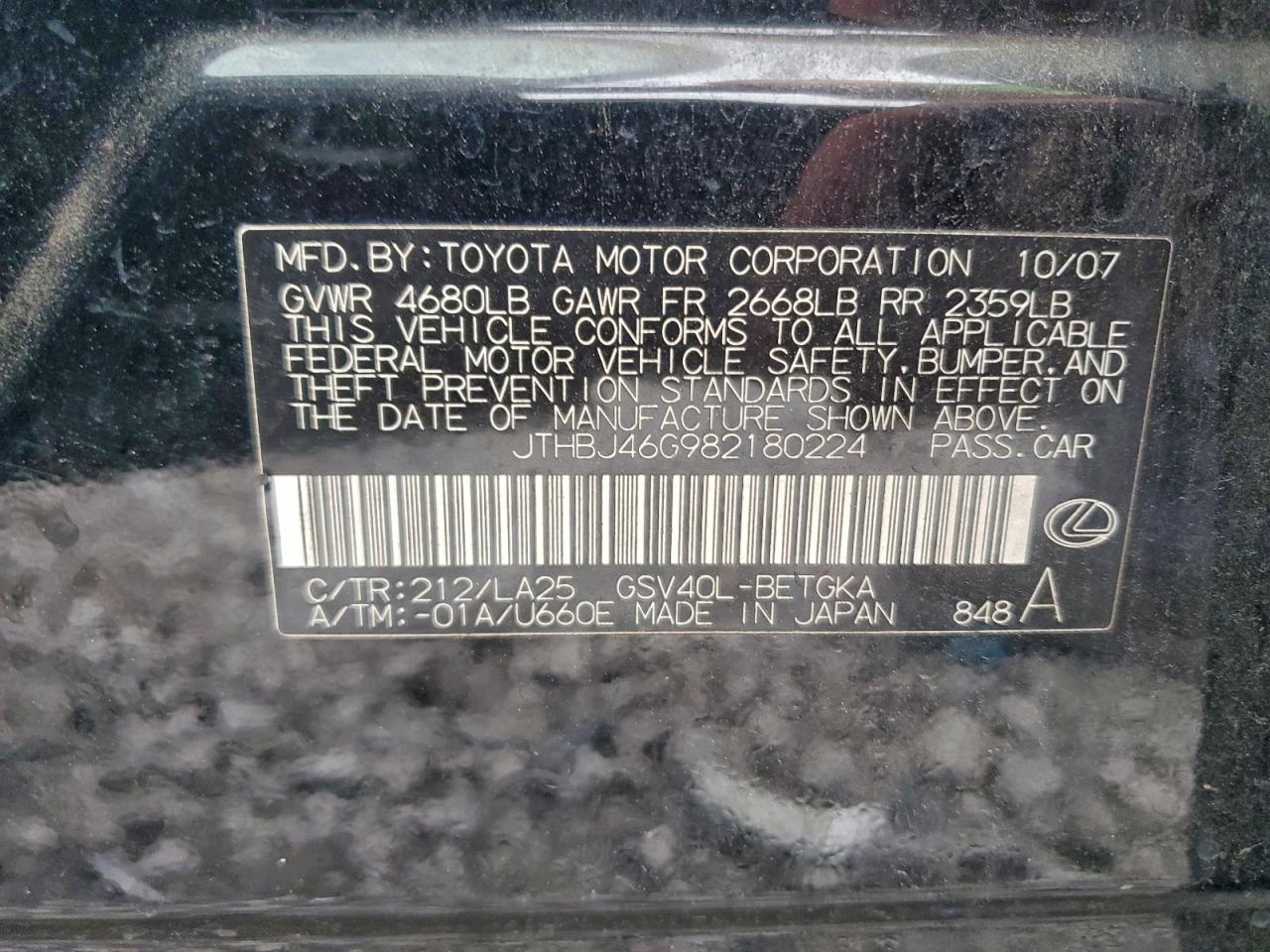 2008 Lexus Es 350 Черный vin: JTHBJ46G982180224