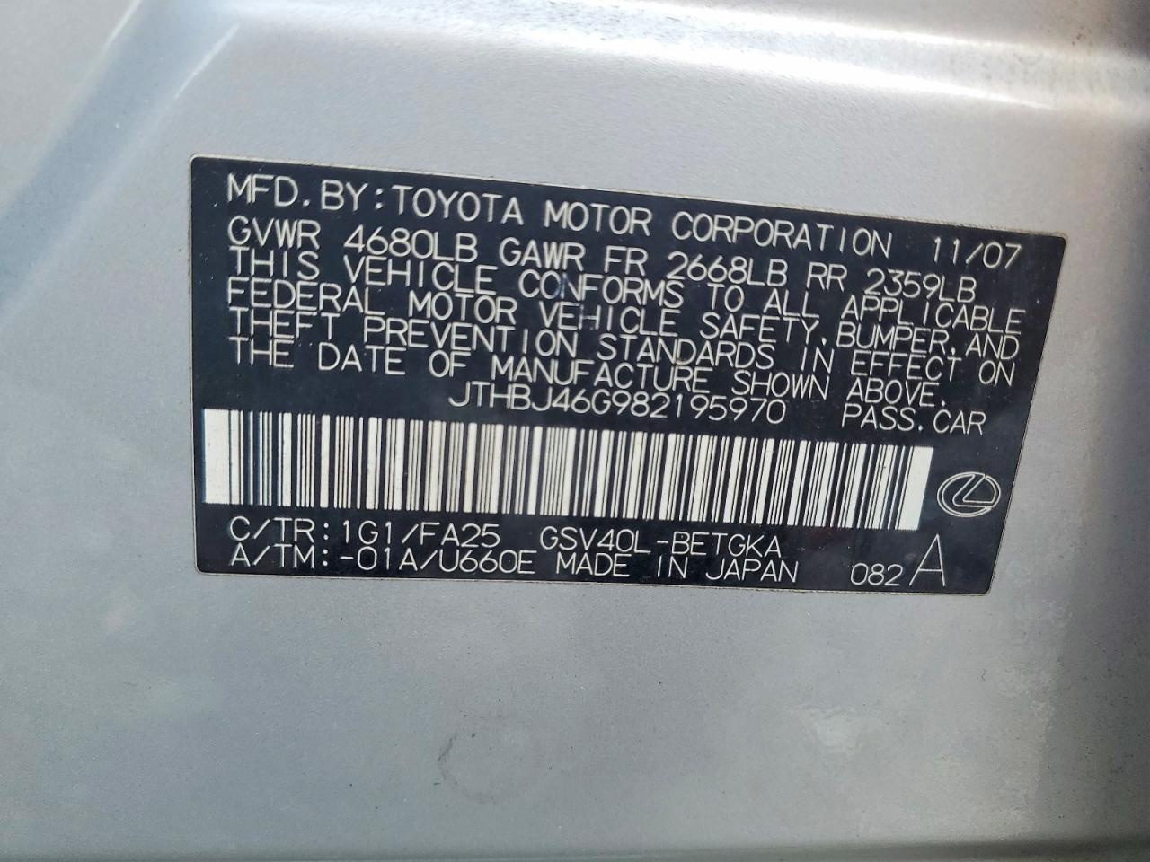 2008 Lexus Es 350 Silver vin: JTHBJ46G982195970