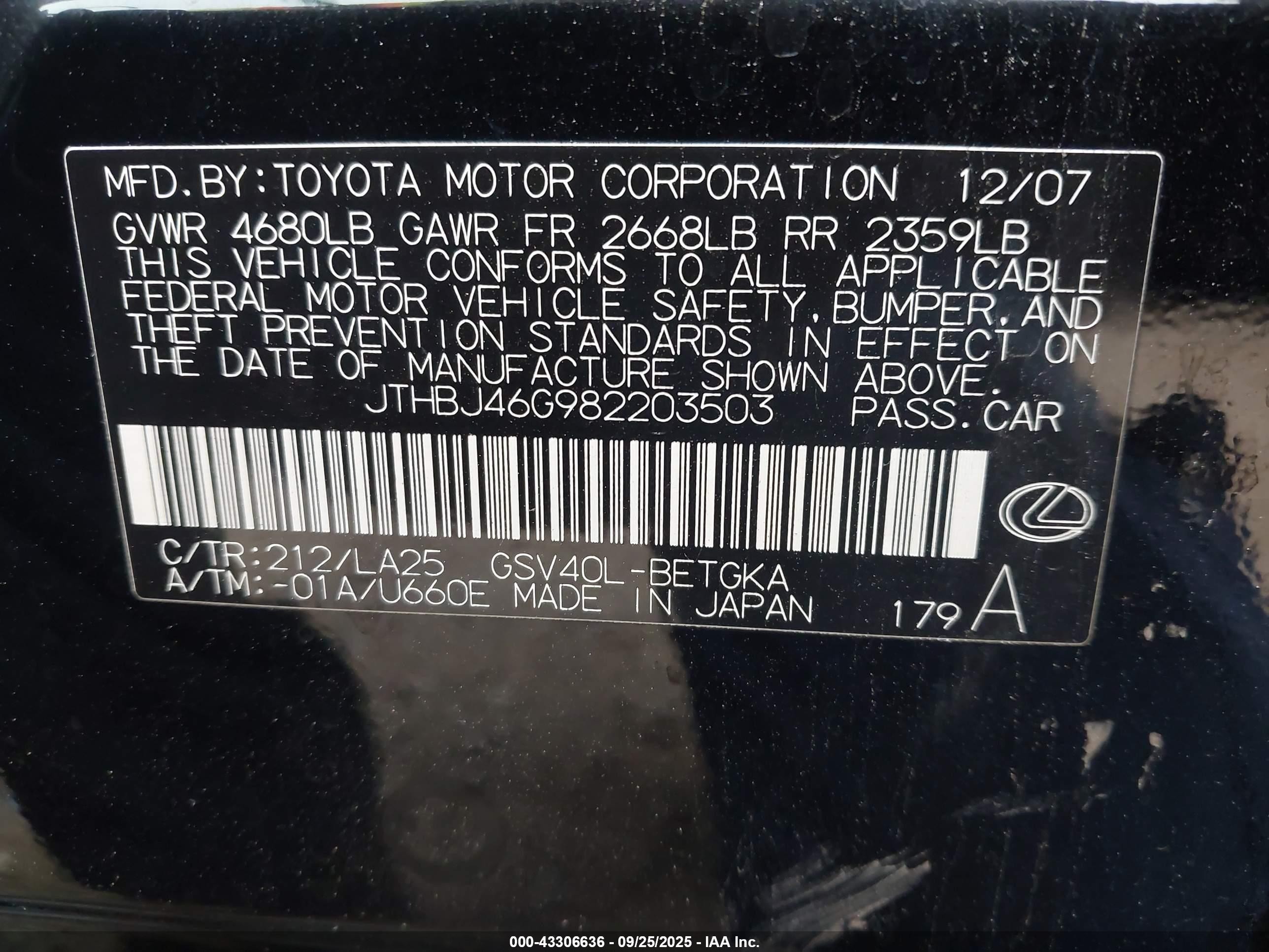2008 Lexus Es 350   Black vin: JTHBJ46G982203503