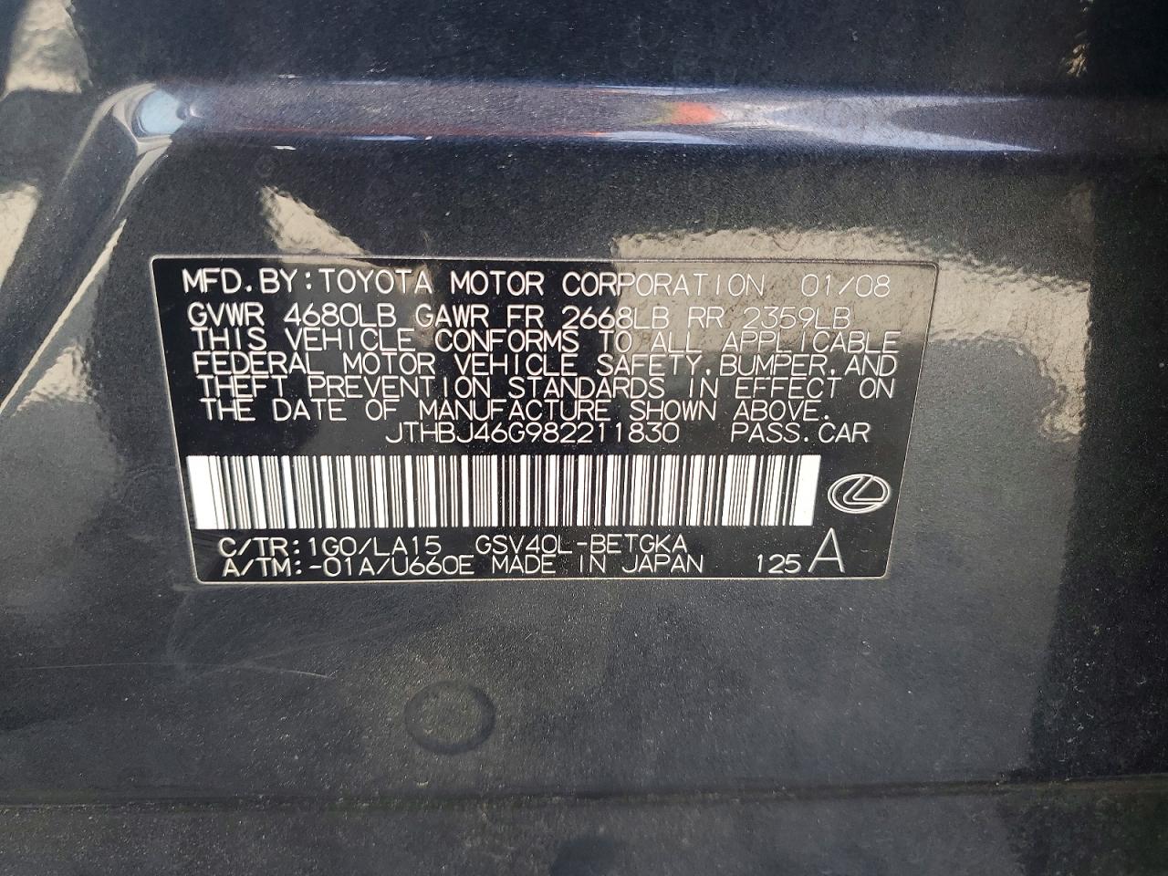 2008 Lexus Es 350 Black vin: JTHBJ46G982211830
