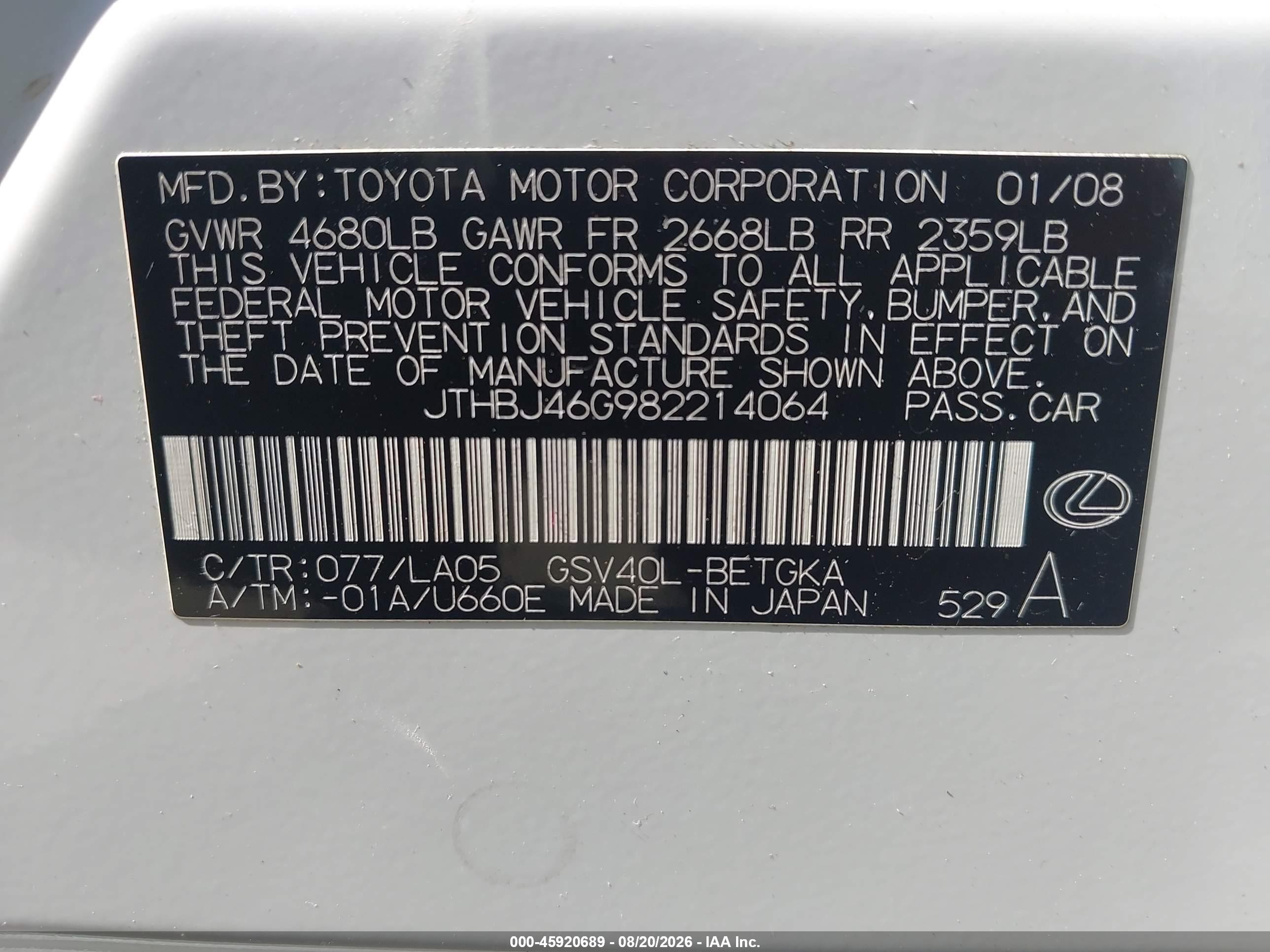 2008 Lexus Es 350   White vin: JTHBJ46G982214064