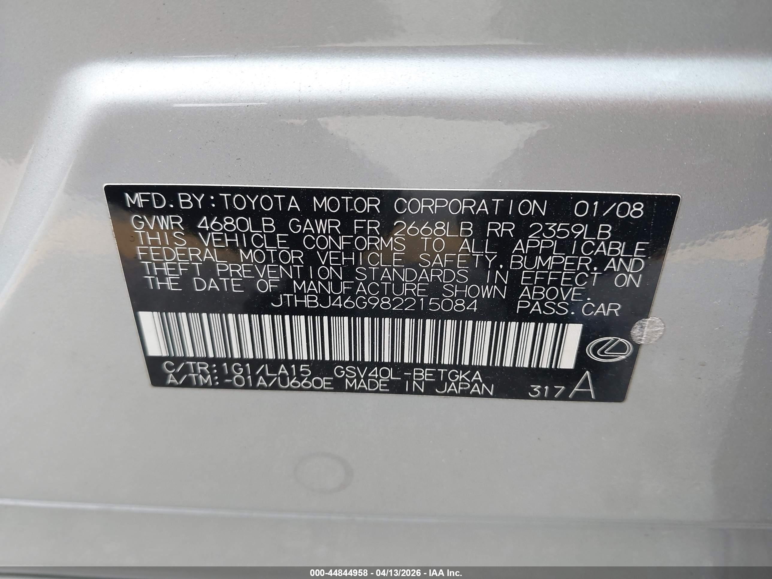 2008 Lexus Es 350   Серебряный vin: JTHBJ46G982215084