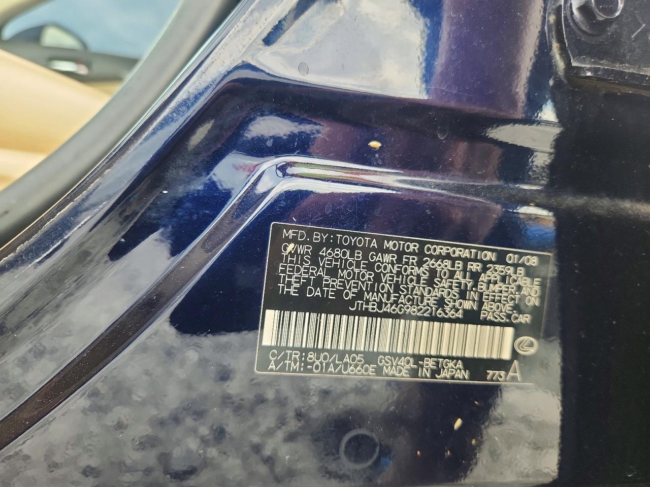 2008 Lexus Es 350 Blue vin: JTHBJ46G982216364