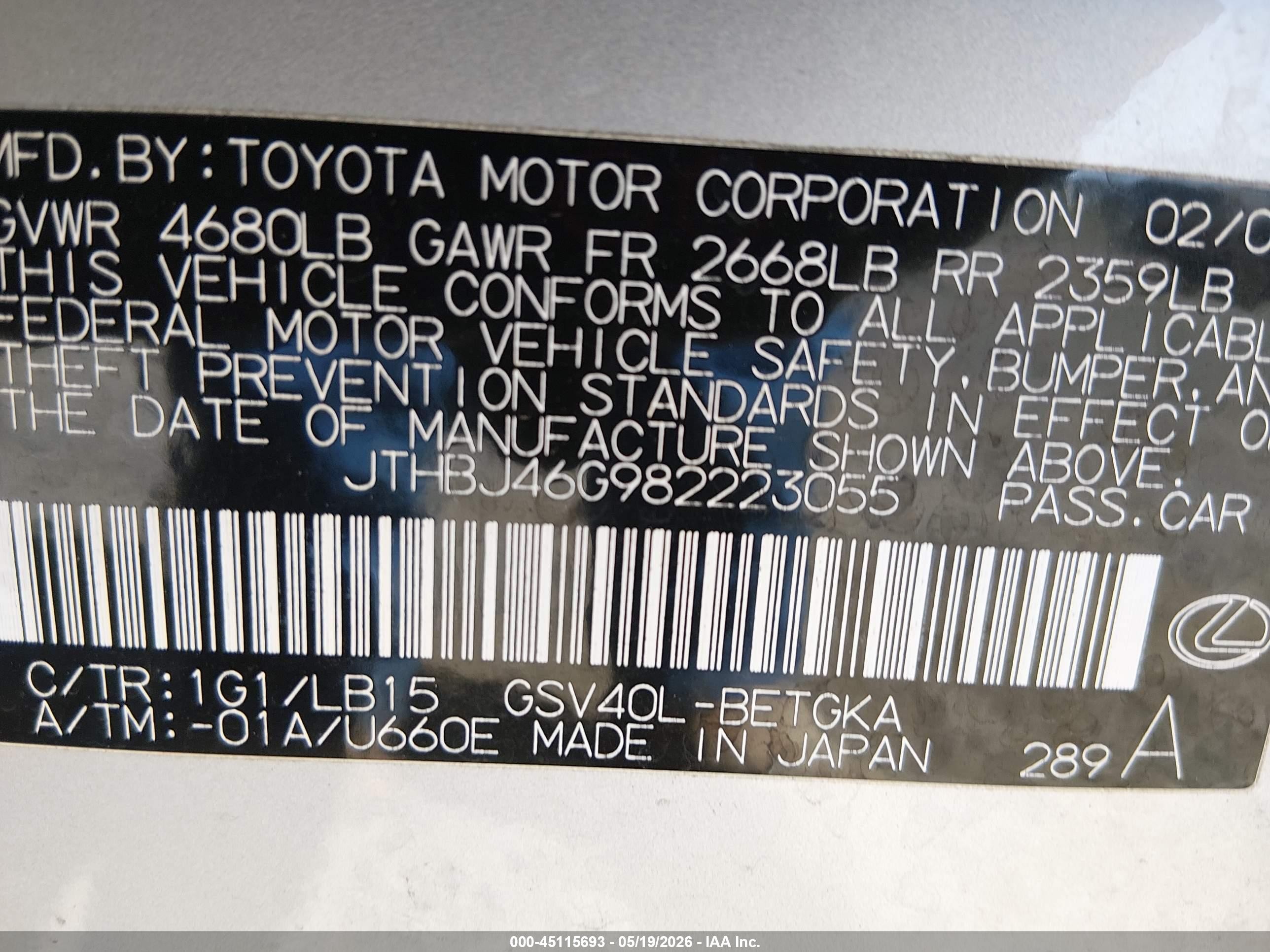 2008 Lexus Es 350   Silver vin: JTHBJ46G982223055