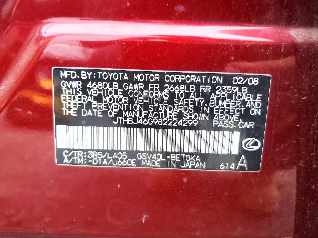 2008 Lexus Es 350 Red vin: JTHBJ46G982224299