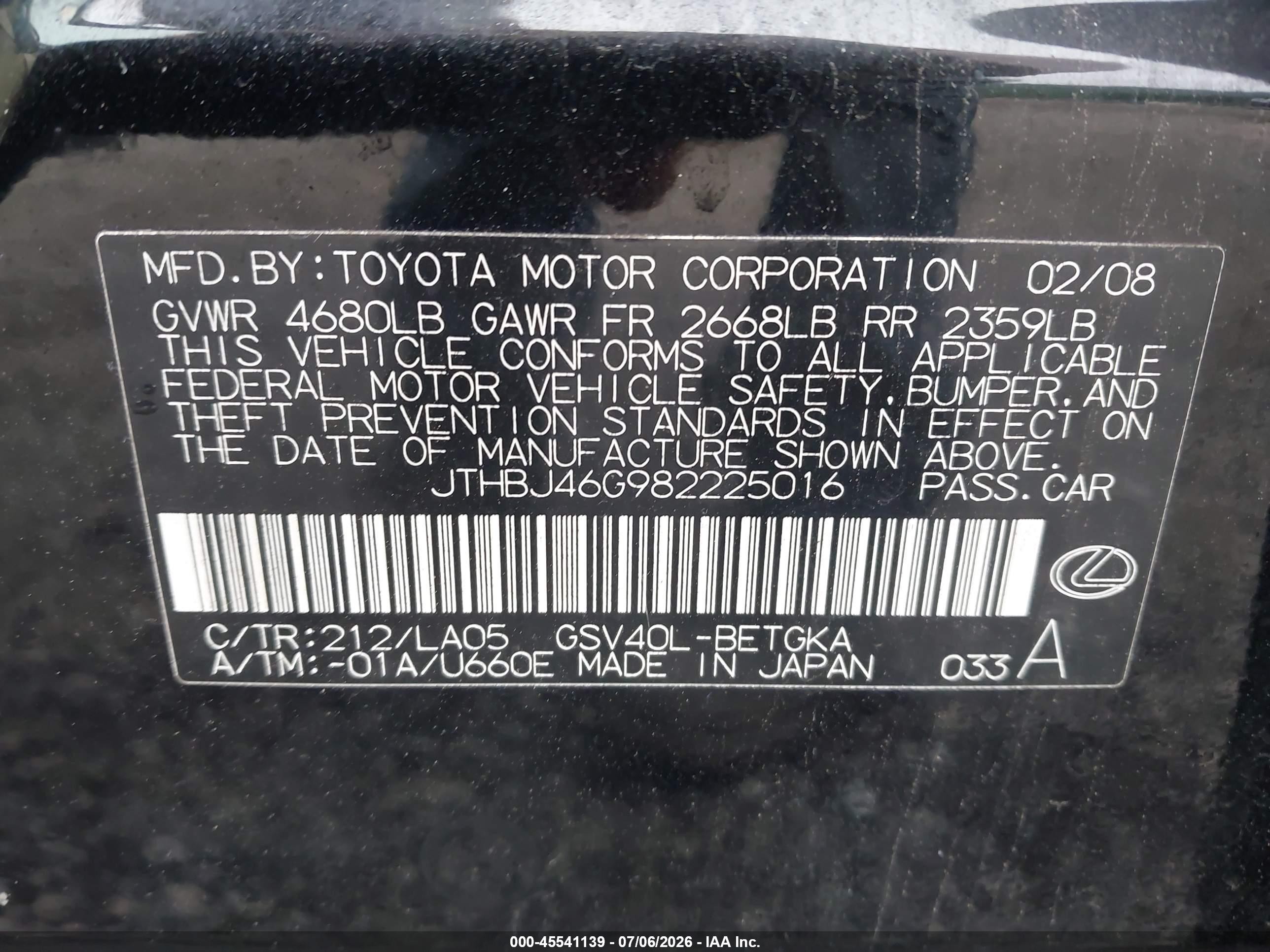 2008 Lexus Es 350   Черный vin: JTHBJ46G982225016