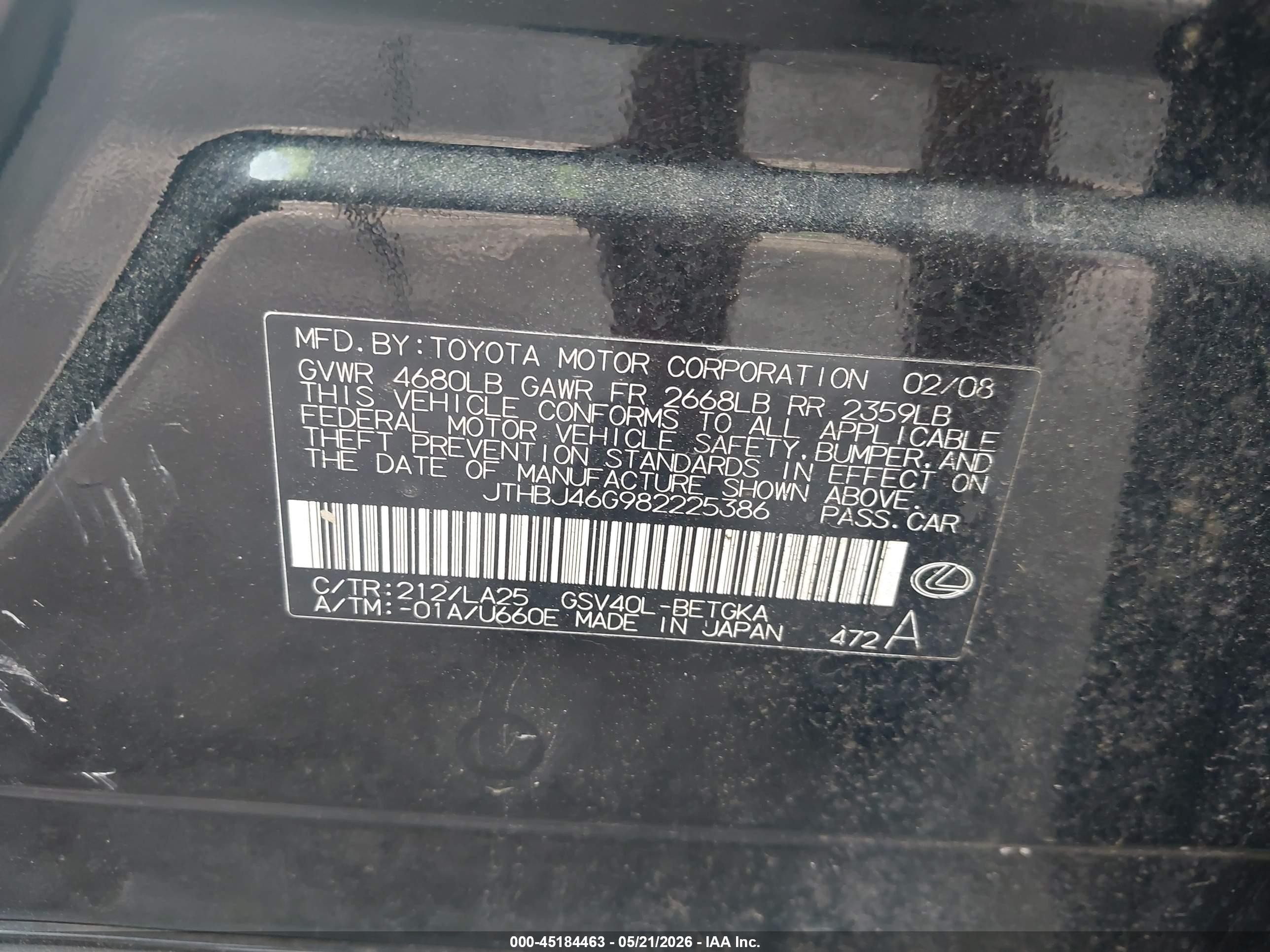 2008 Lexus Es 350   Black vin: JTHBJ46G982225386
