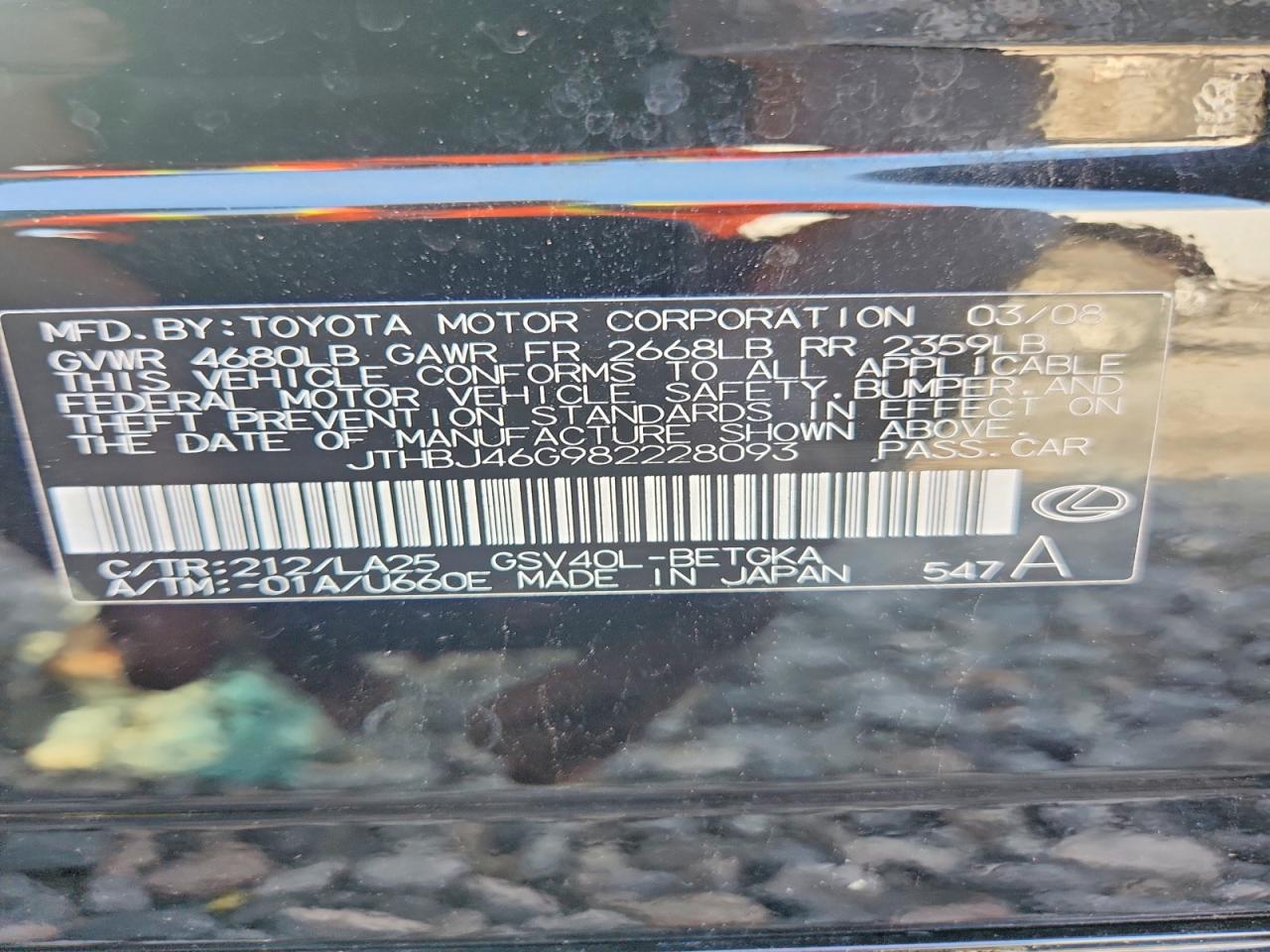 2008 Lexus Es 350 Black vin: JTHBJ46G982228093