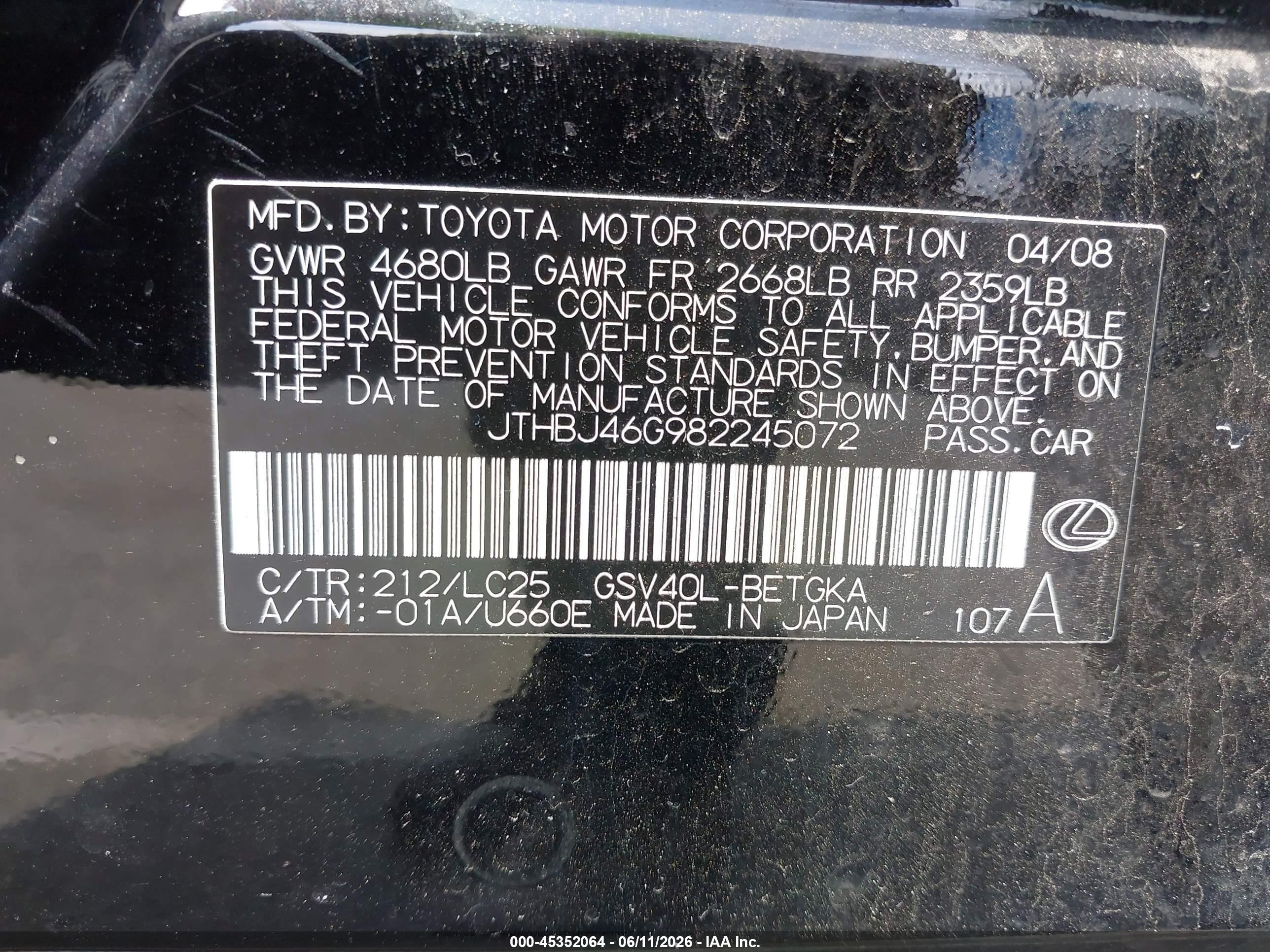 2008 Lexus Es 350   Gray vin: JTHBJ46G982245072