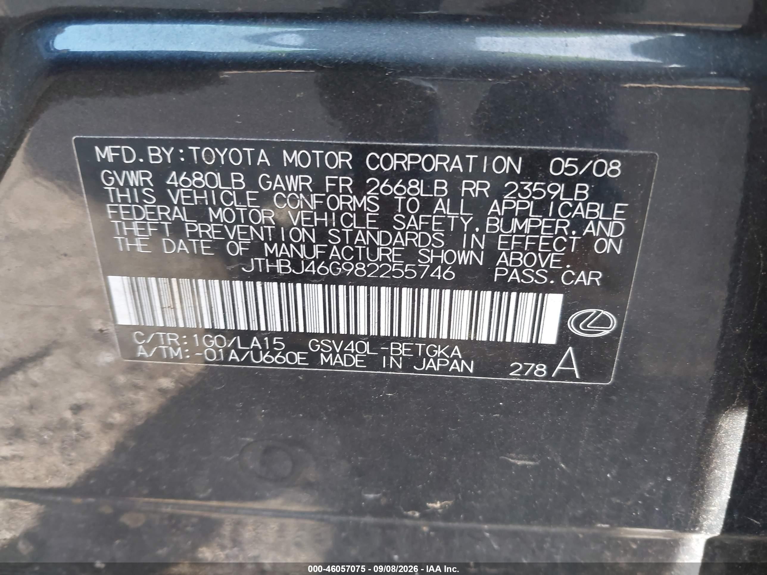 2008 Lexus Es 350   Gray vin: JTHBJ46G982255746