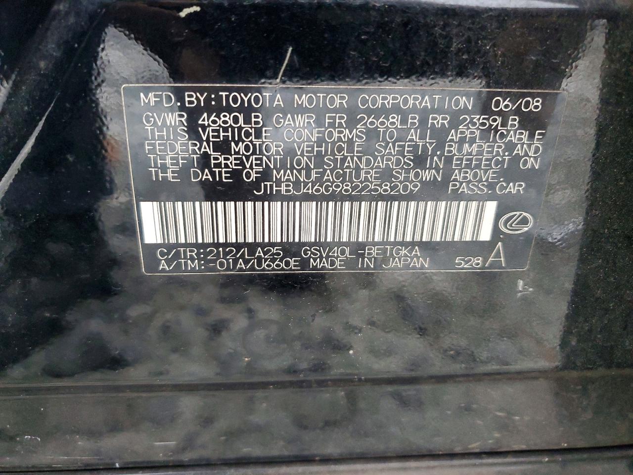 2008 Lexus Es 350 Black vin: JTHBJ46G982258209
