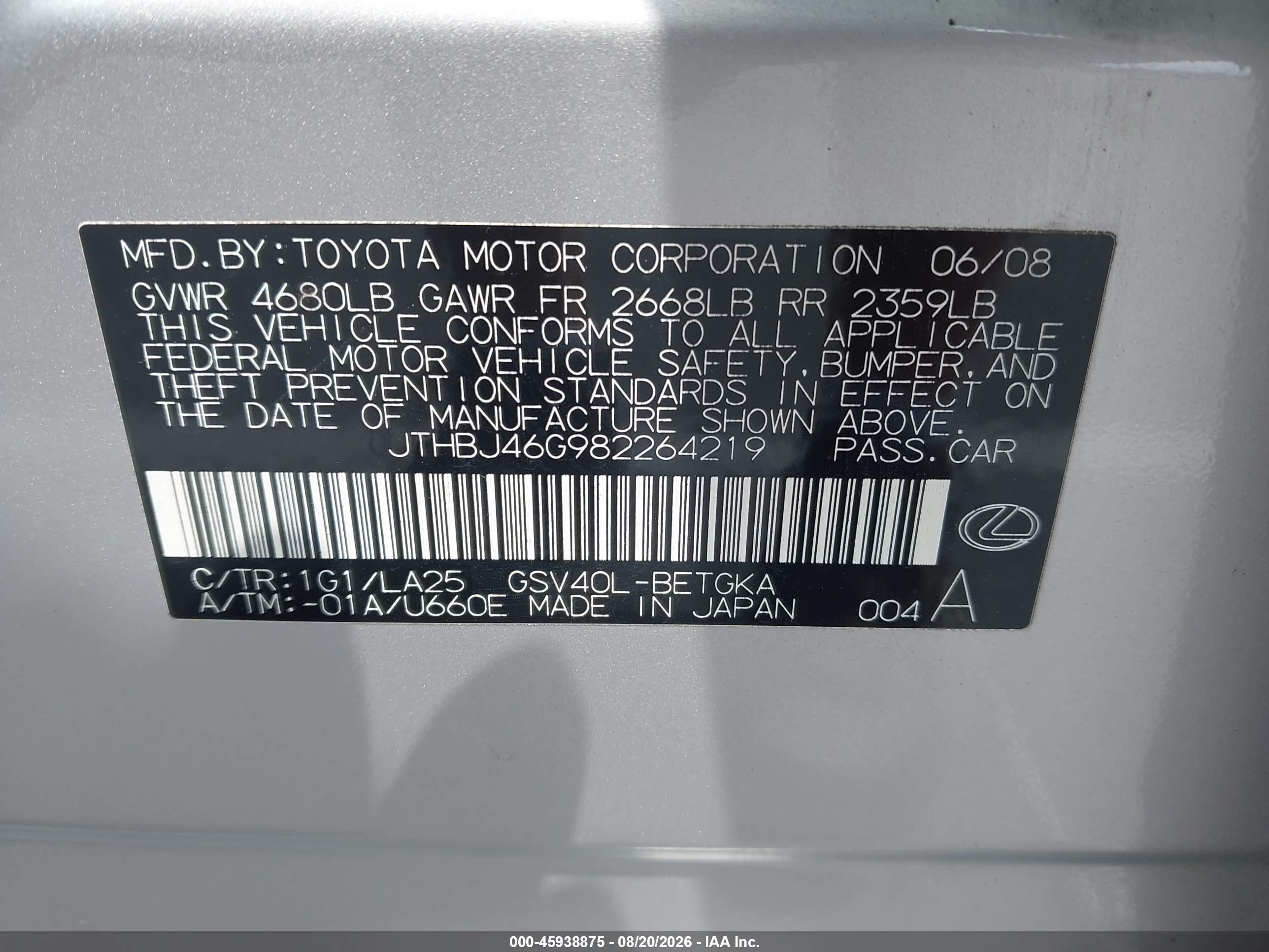 2008 Lexus Es 350   Silver vin: JTHBJ46G982264219