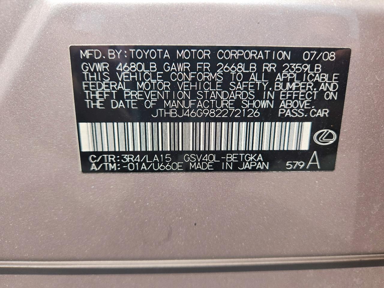2008 Lexus Es 350 Silver vin: JTHBJ46G982272126