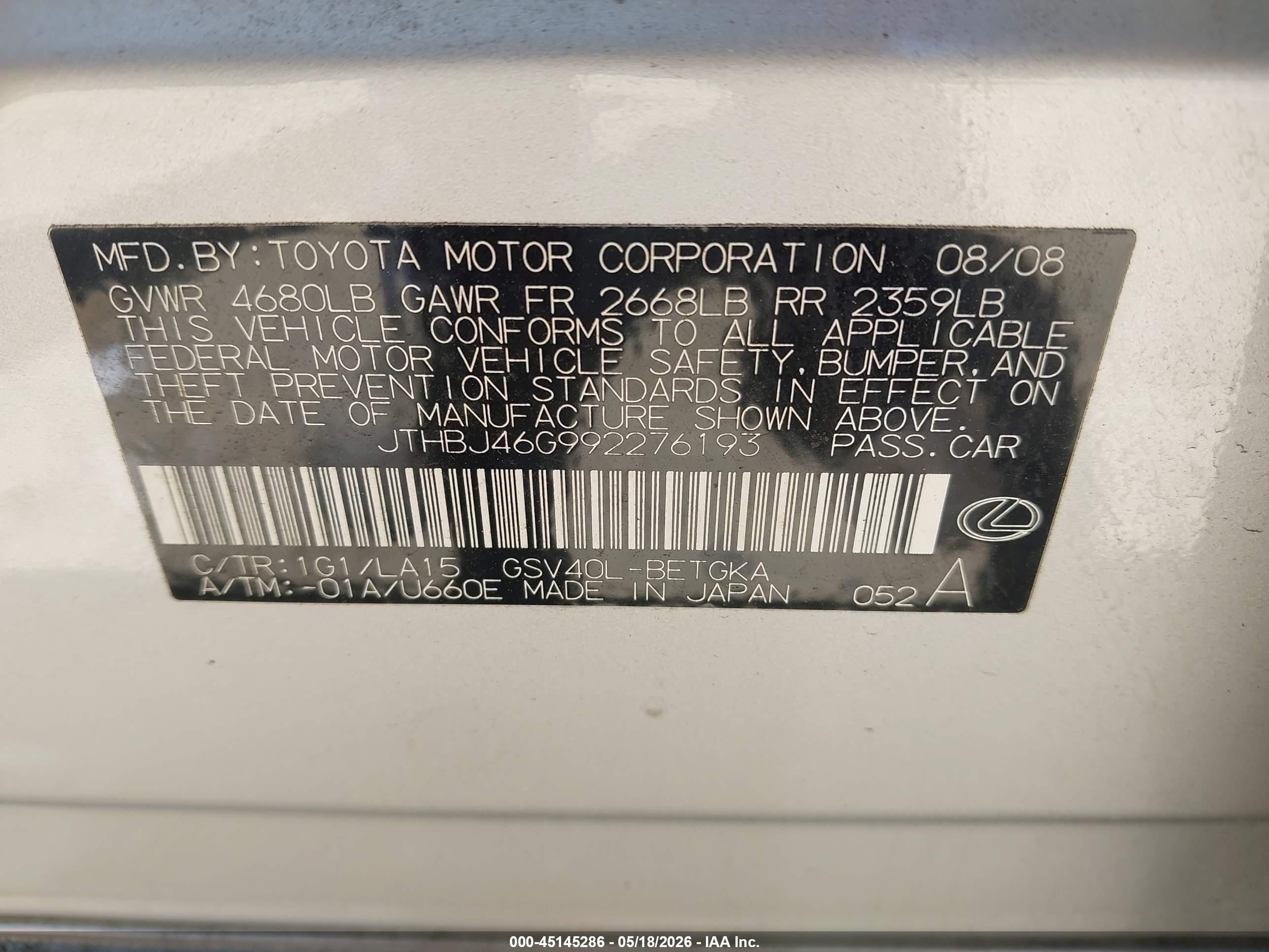 2009 Lexus Es 350   Silver vin: JTHBJ46G992276193