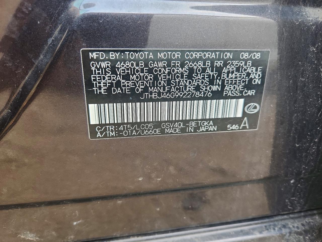 2009 Lexus Es 350 Black vin: JTHBJ46G992278476
