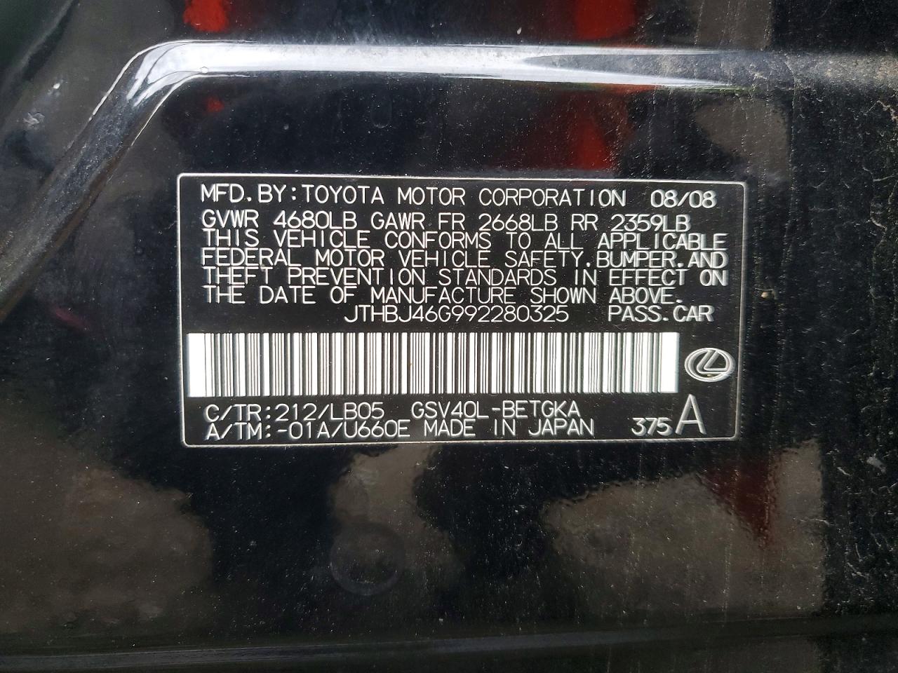 2009 Lexus Es 350 Black vin: JTHBJ46G992280325