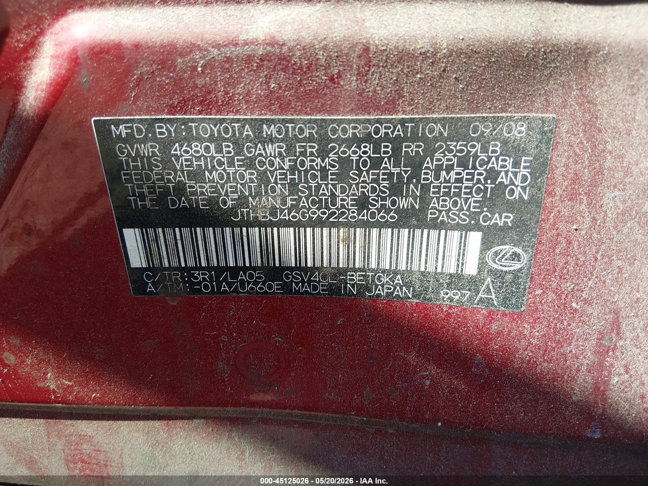 2009 Lexus Es 350   Red vin: JTHBJ46G992284066