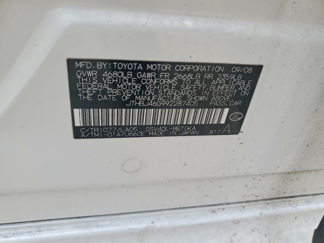 2009 Lexus Es 350 White vin: JTHBJ46G992287405