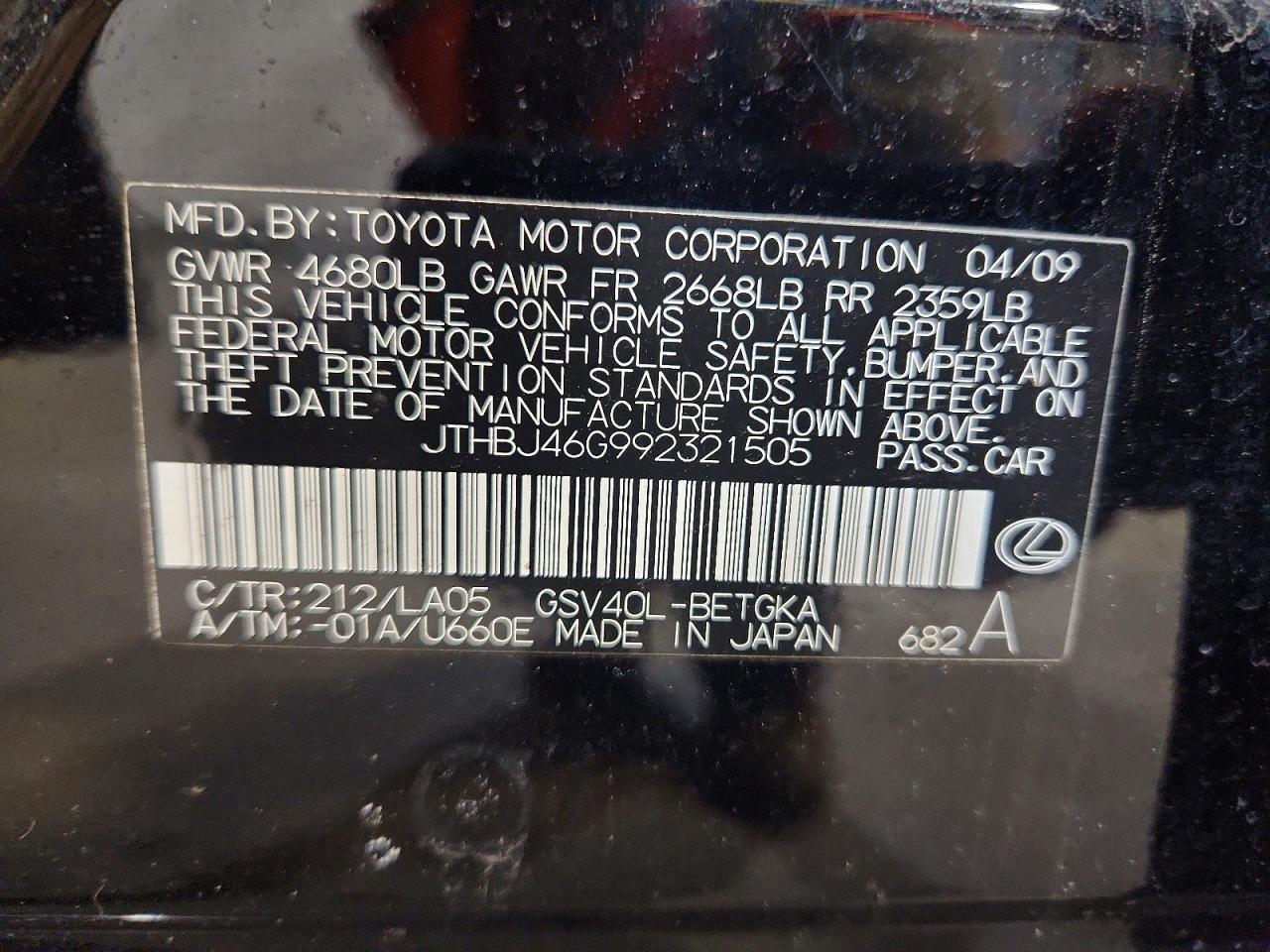 2009 Lexus Es 350 Черный vin: JTHBJ46G992321505