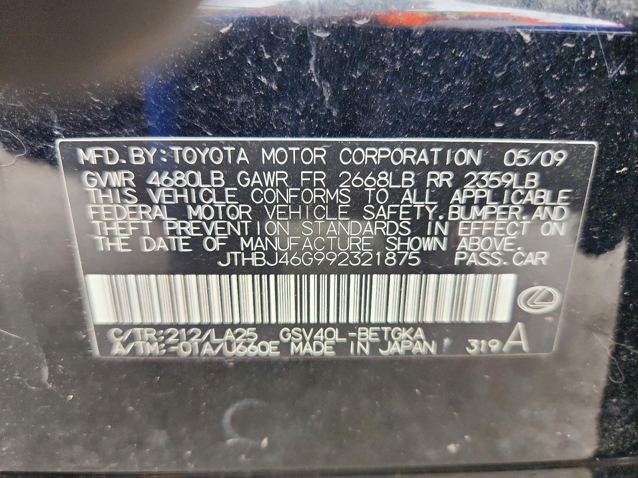 2009 Lexus Es 350 Black vin: JTHBJ46G992321875