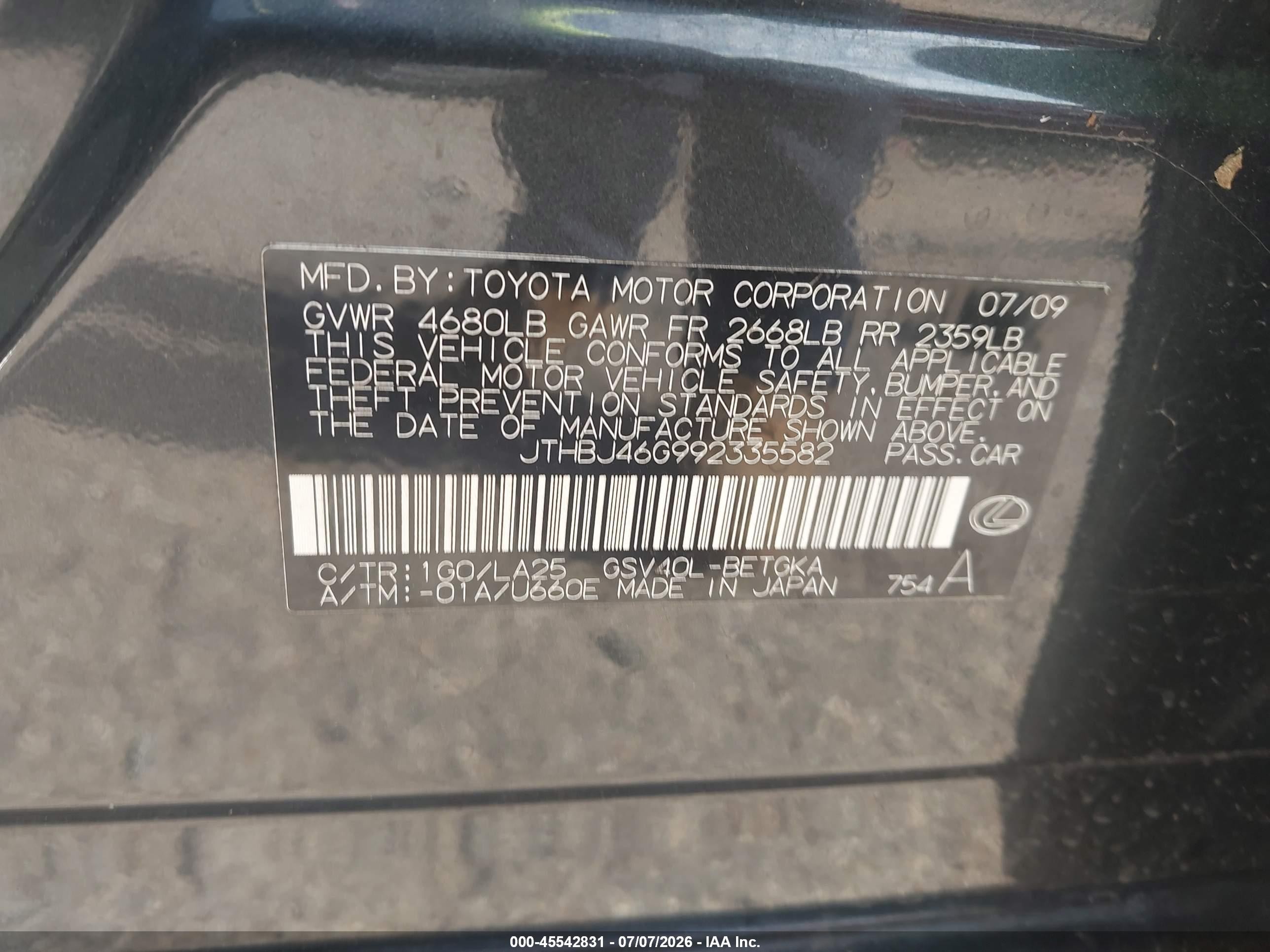 2009 Lexus Es 350   Gray vin: JTHBJ46G992335582