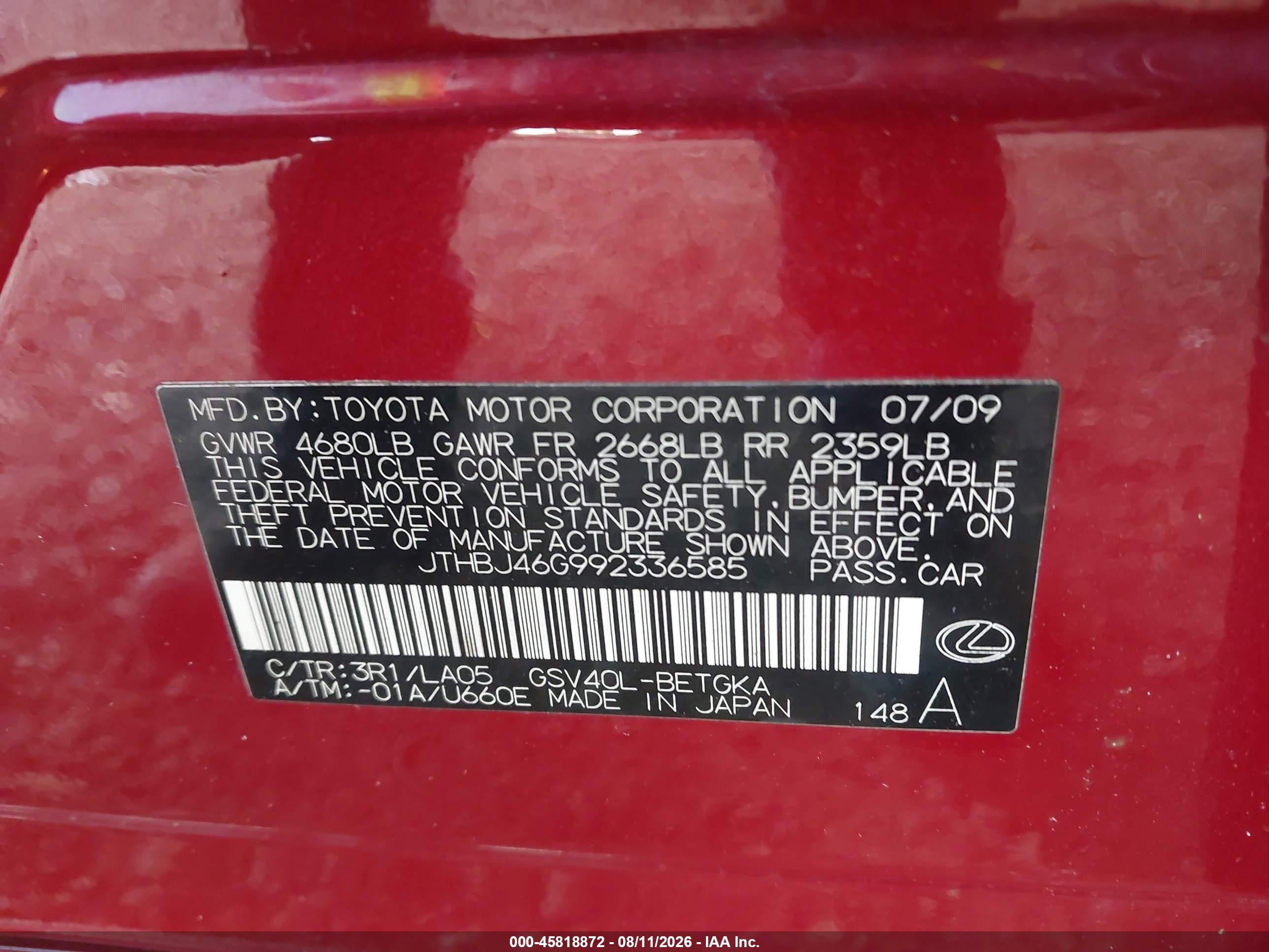 2009 Lexus Es 350 Красный vin: JTHBJ46G992336585