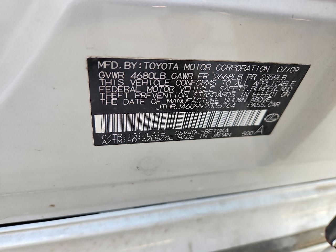 2009 Lexus Es 350 Silver vin: JTHBJ46G992336764