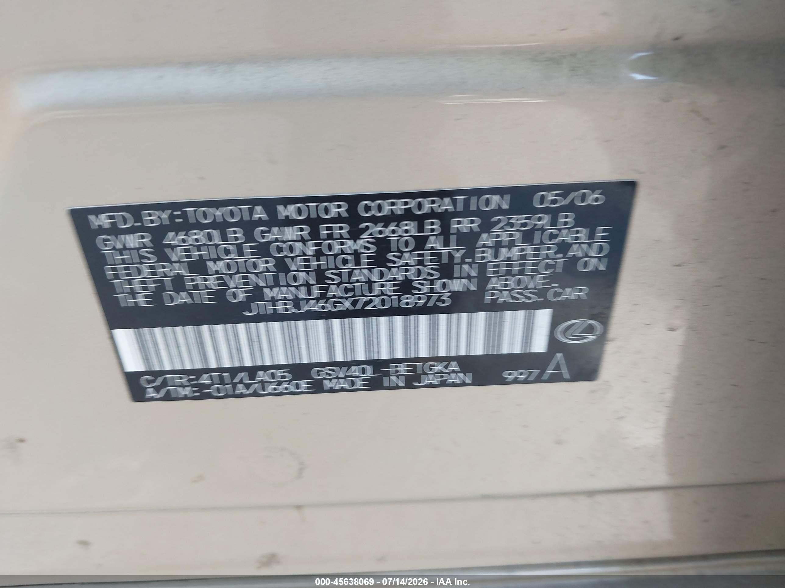 2007 Lexus Es 350   Золотой vin: JTHBJ46GX72018973