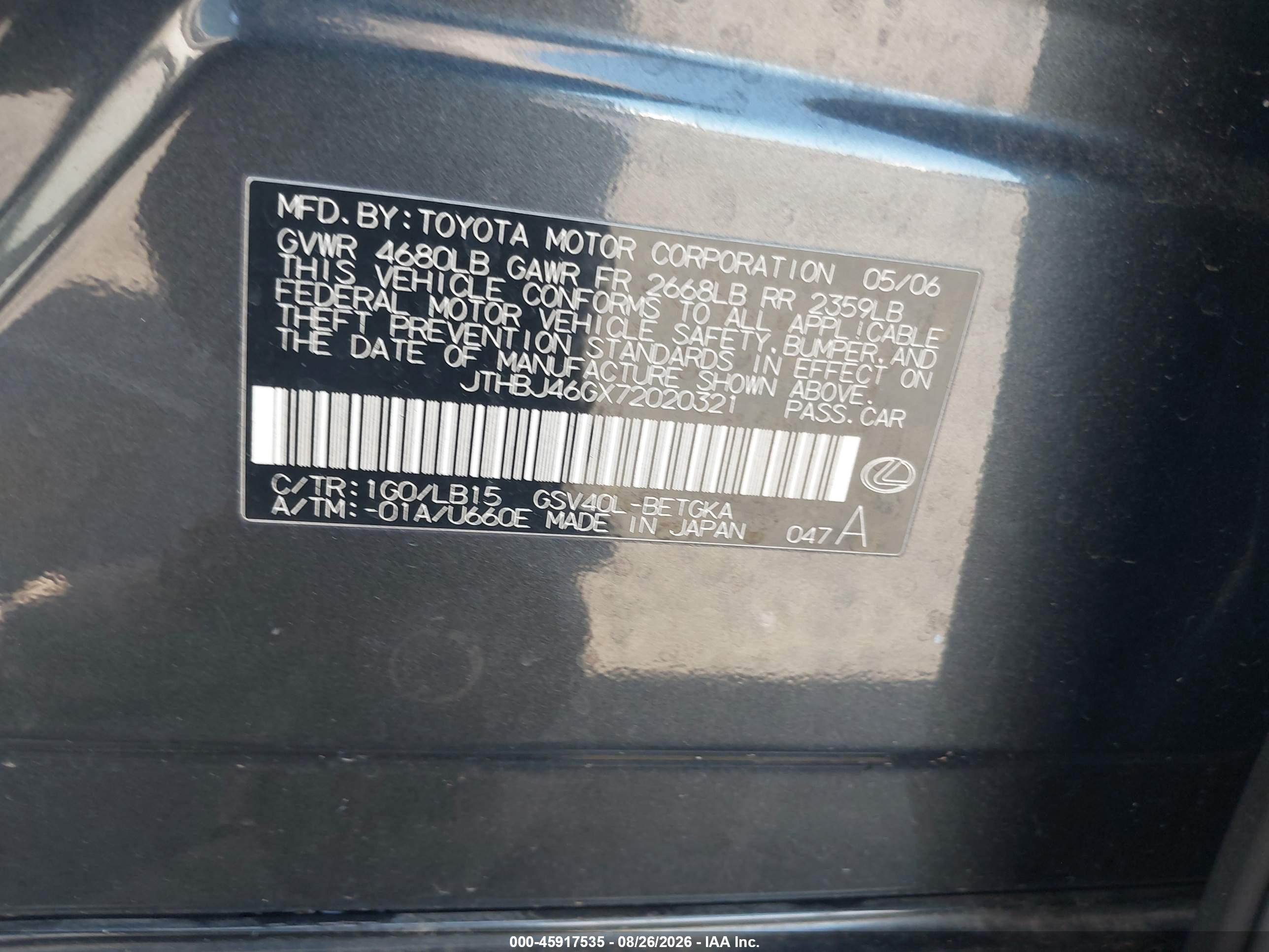 2007 Lexus Es 350   Gray vin: JTHBJ46GX72020321