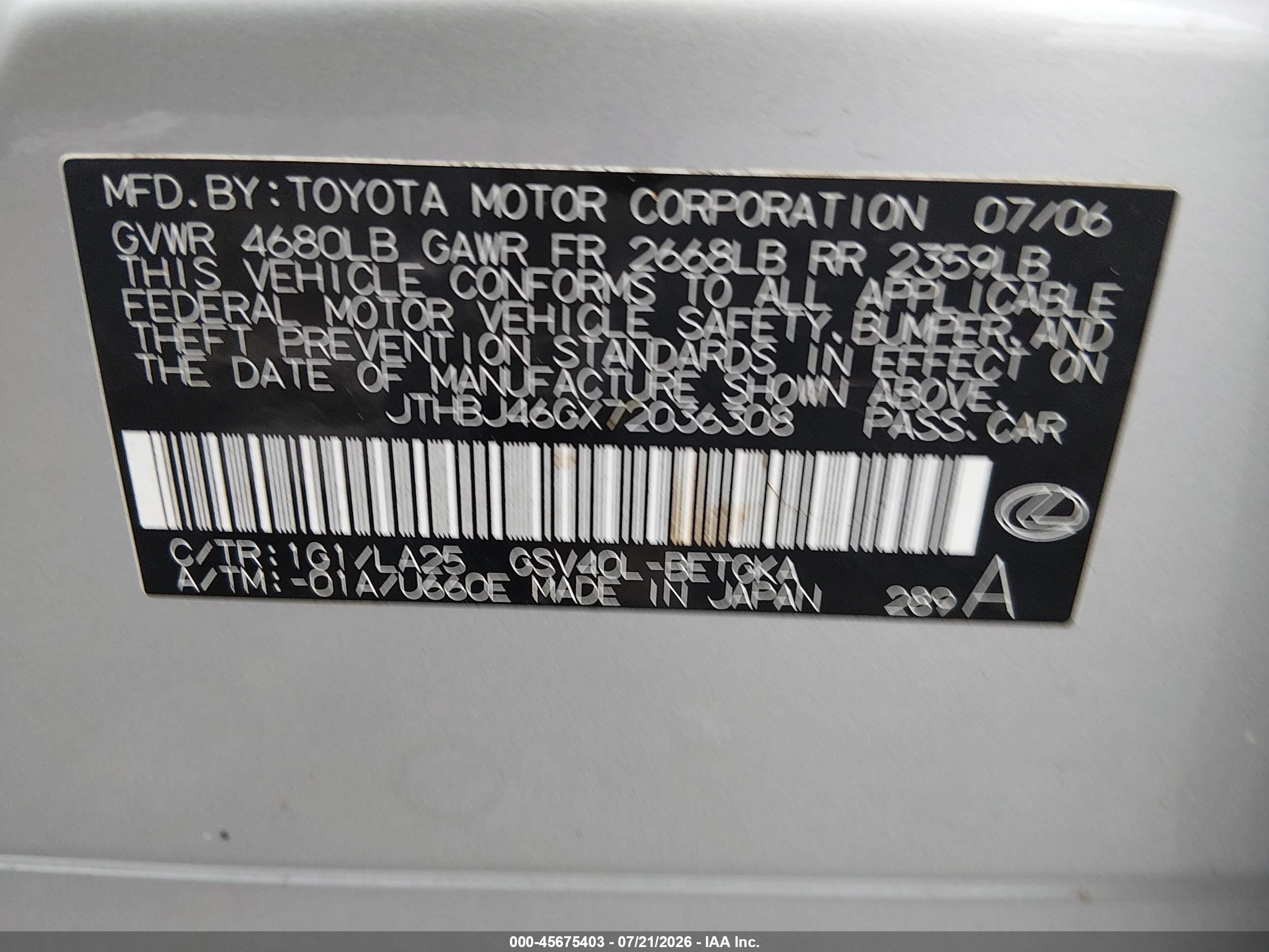 2007 Lexus Es 350   Silver vin: JTHBJ46GX72036308