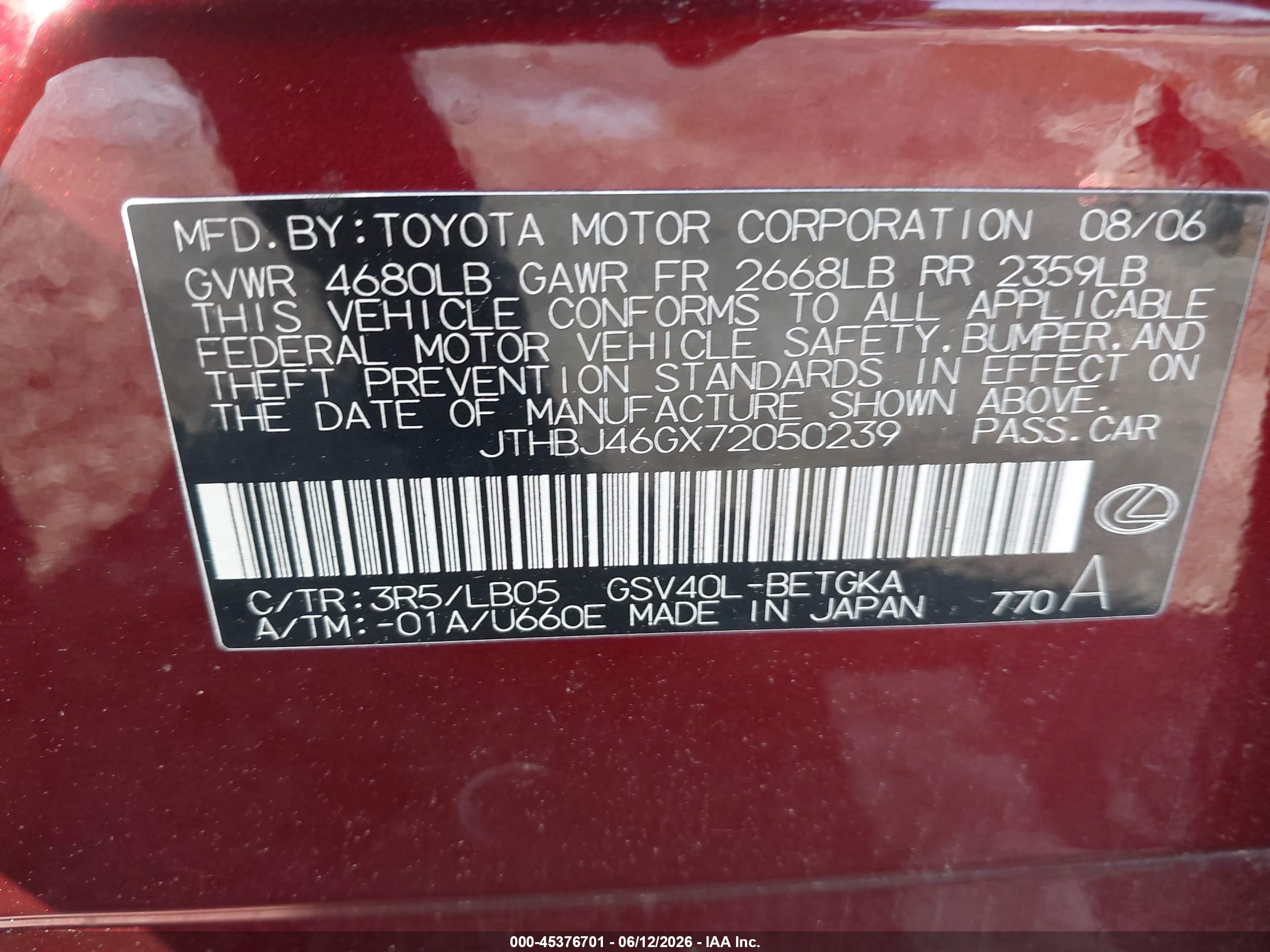 2007 Lexus Es 350 Red vin: JTHBJ46GX72050239