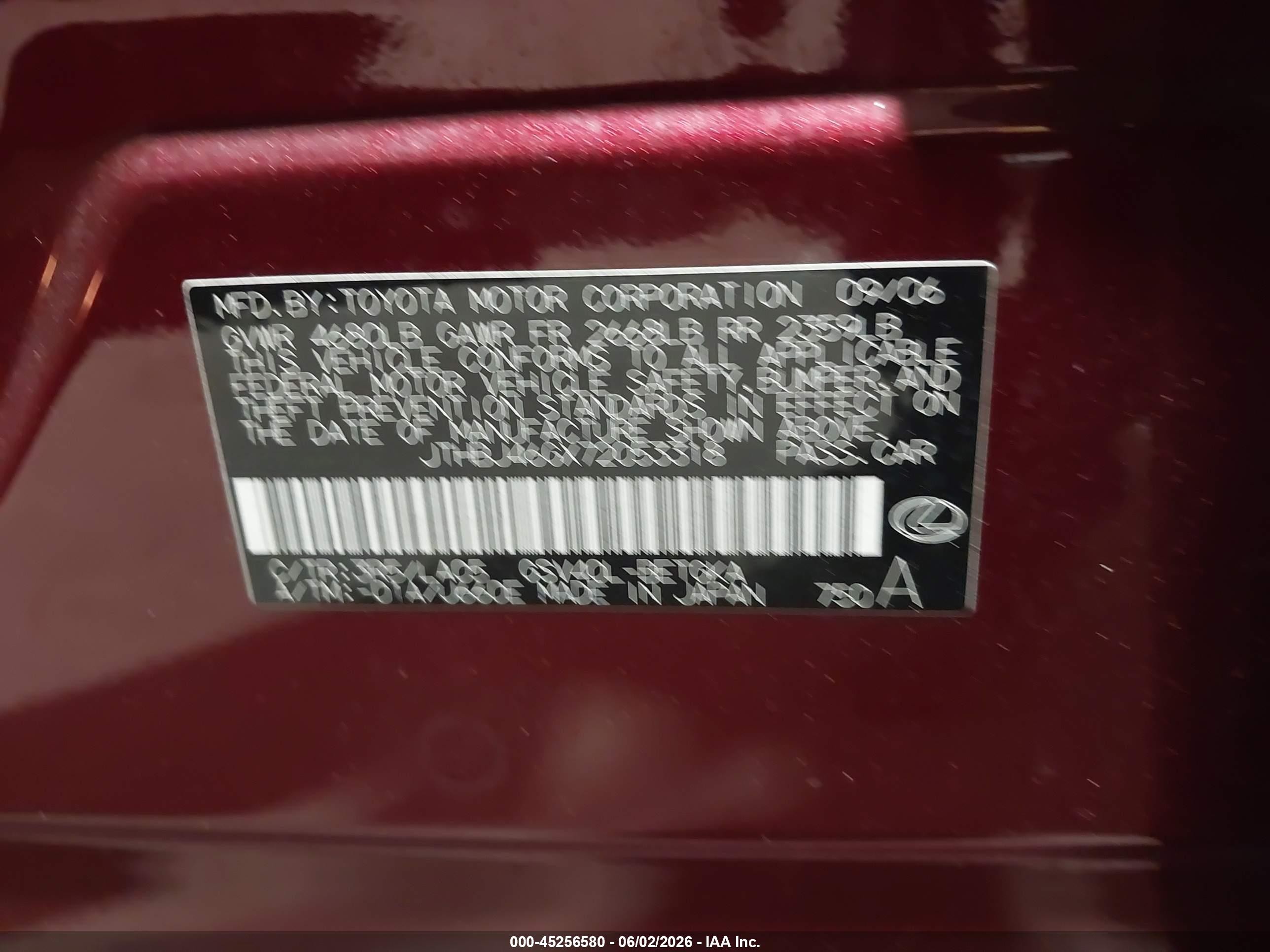 2007 Lexus Es 350   Red vin: JTHBJ46GX72053318