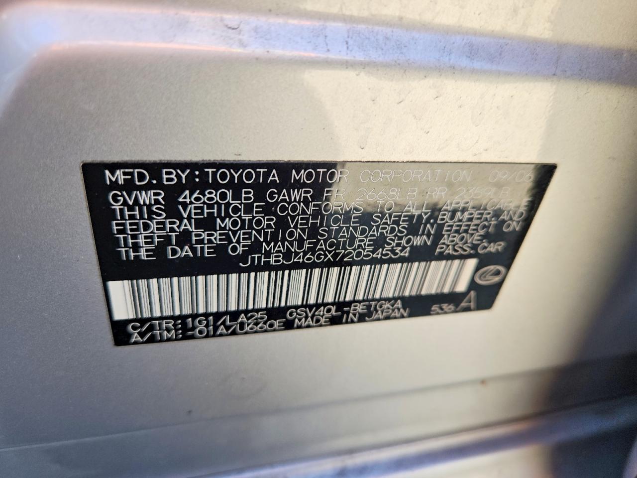 2007 Lexus Es 350 Silver vin: JTHBJ46GX72054534