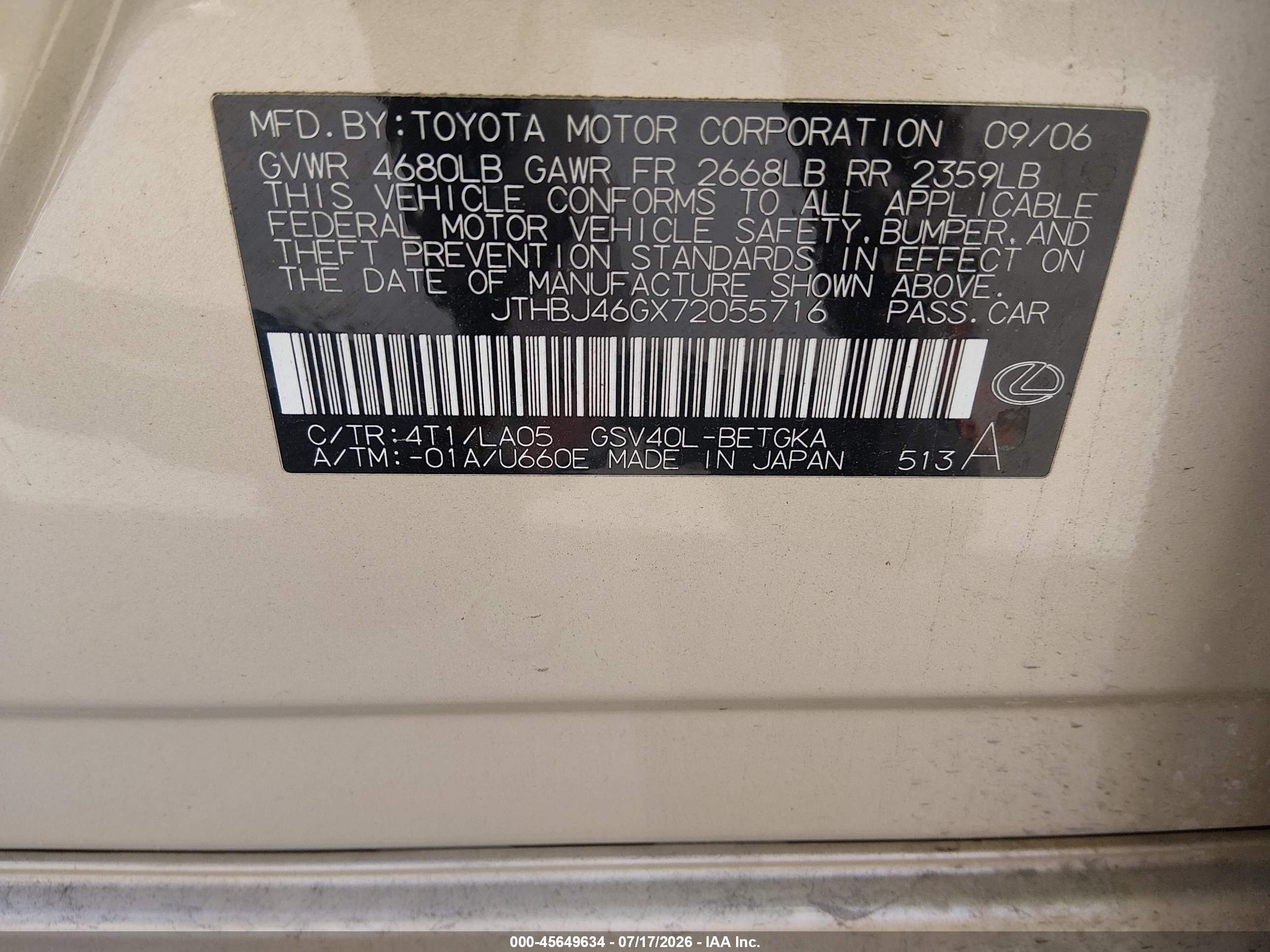 2007 Lexus Es 350   Золотой vin: JTHBJ46GX72055716