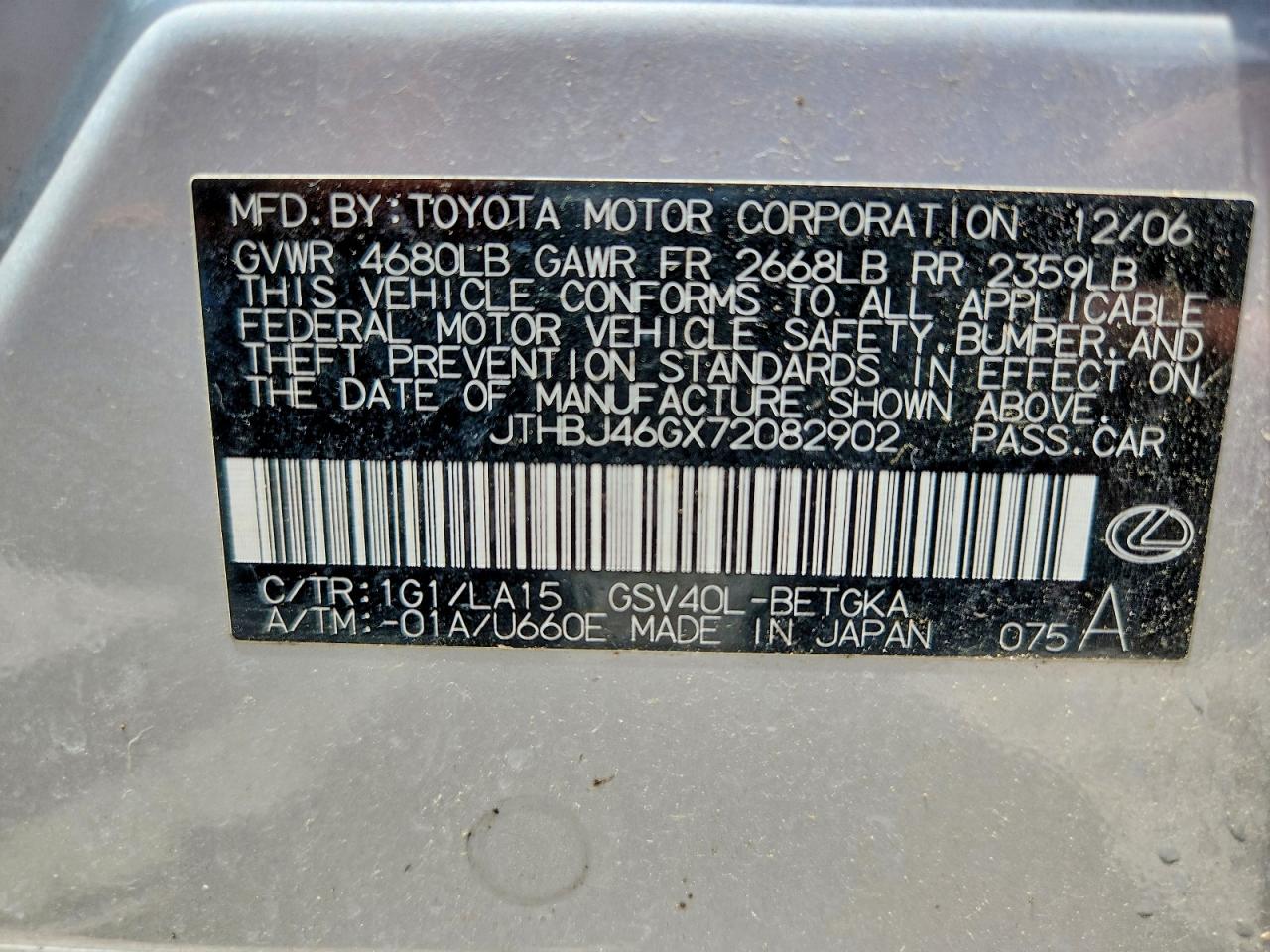2007 Lexus Es 350 Silver vin: JTHBJ46GX72082902