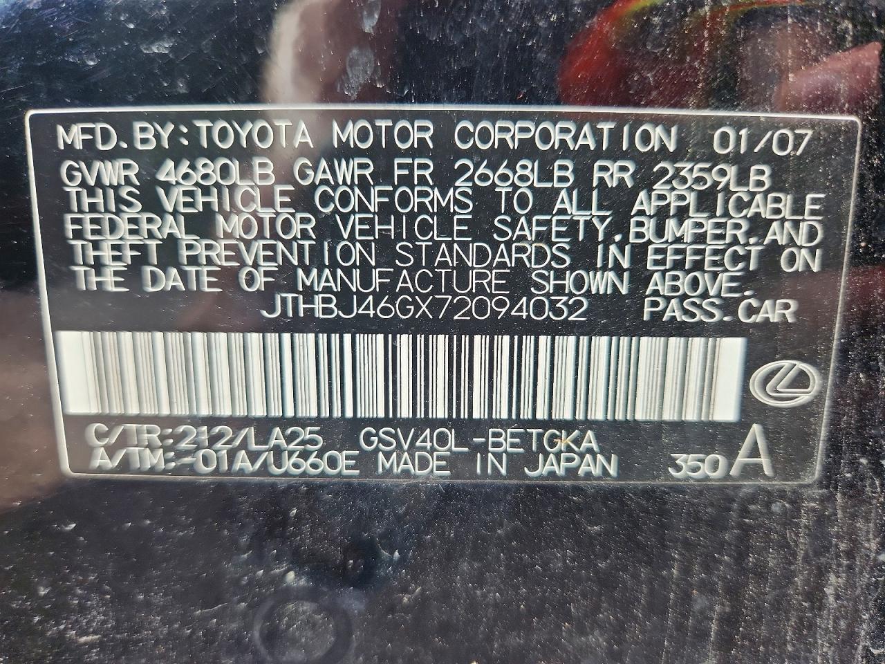 2007 Lexus Es 350 Black vin: JTHBJ46GX72094032