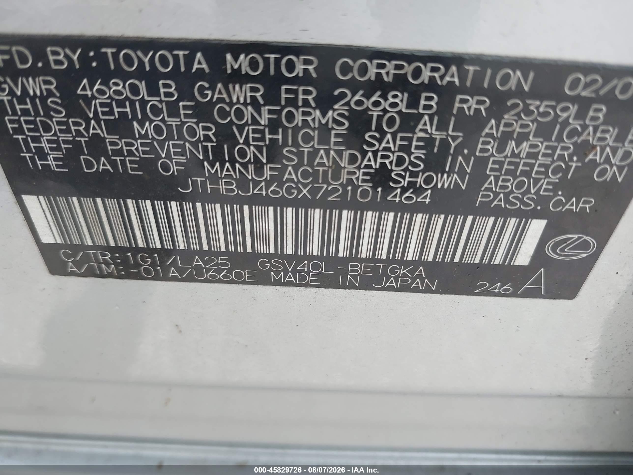 2007 Lexus Es 350   Silver vin: JTHBJ46GX72101464