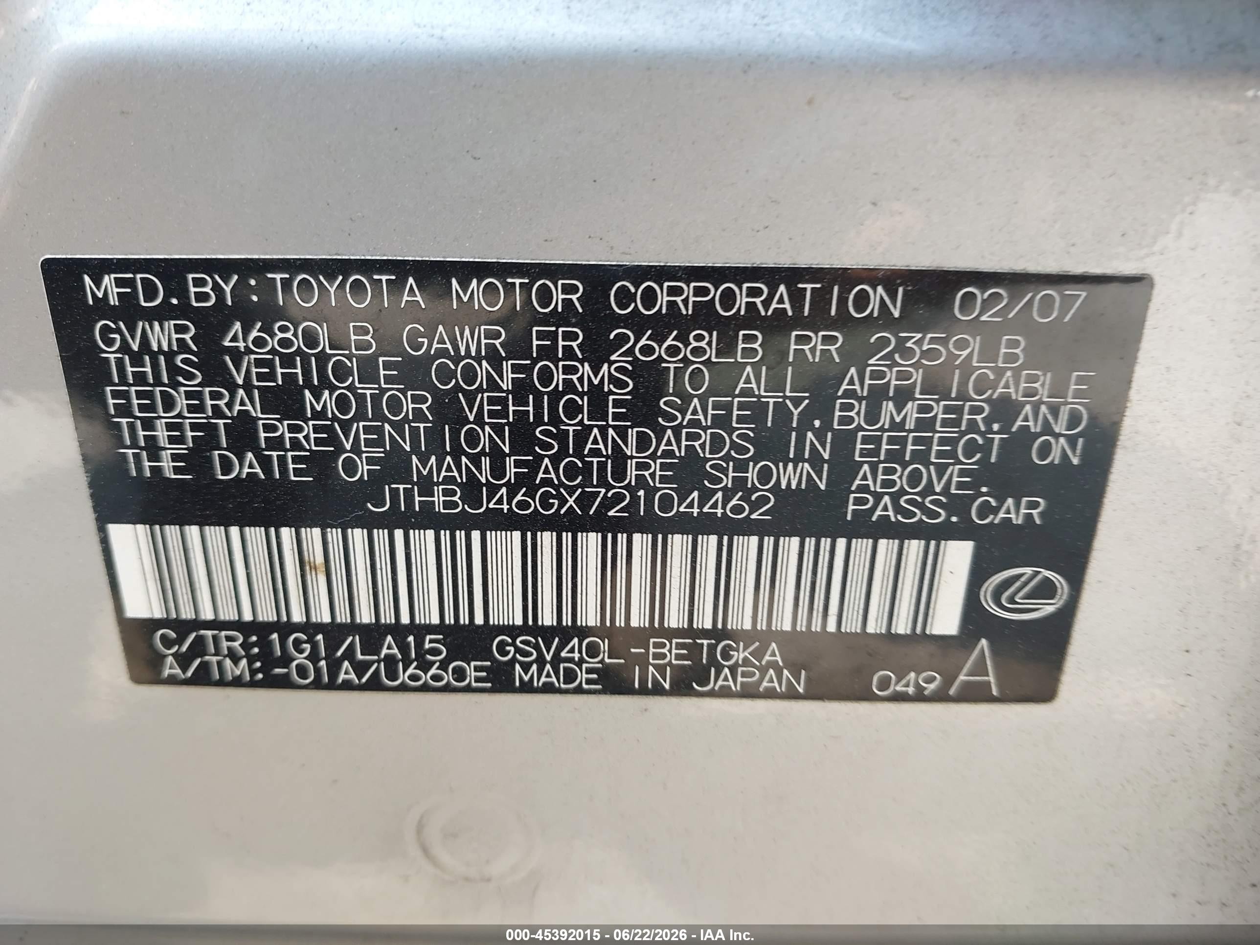2007 Lexus Es 350 Серебряный vin: JTHBJ46GX72104462